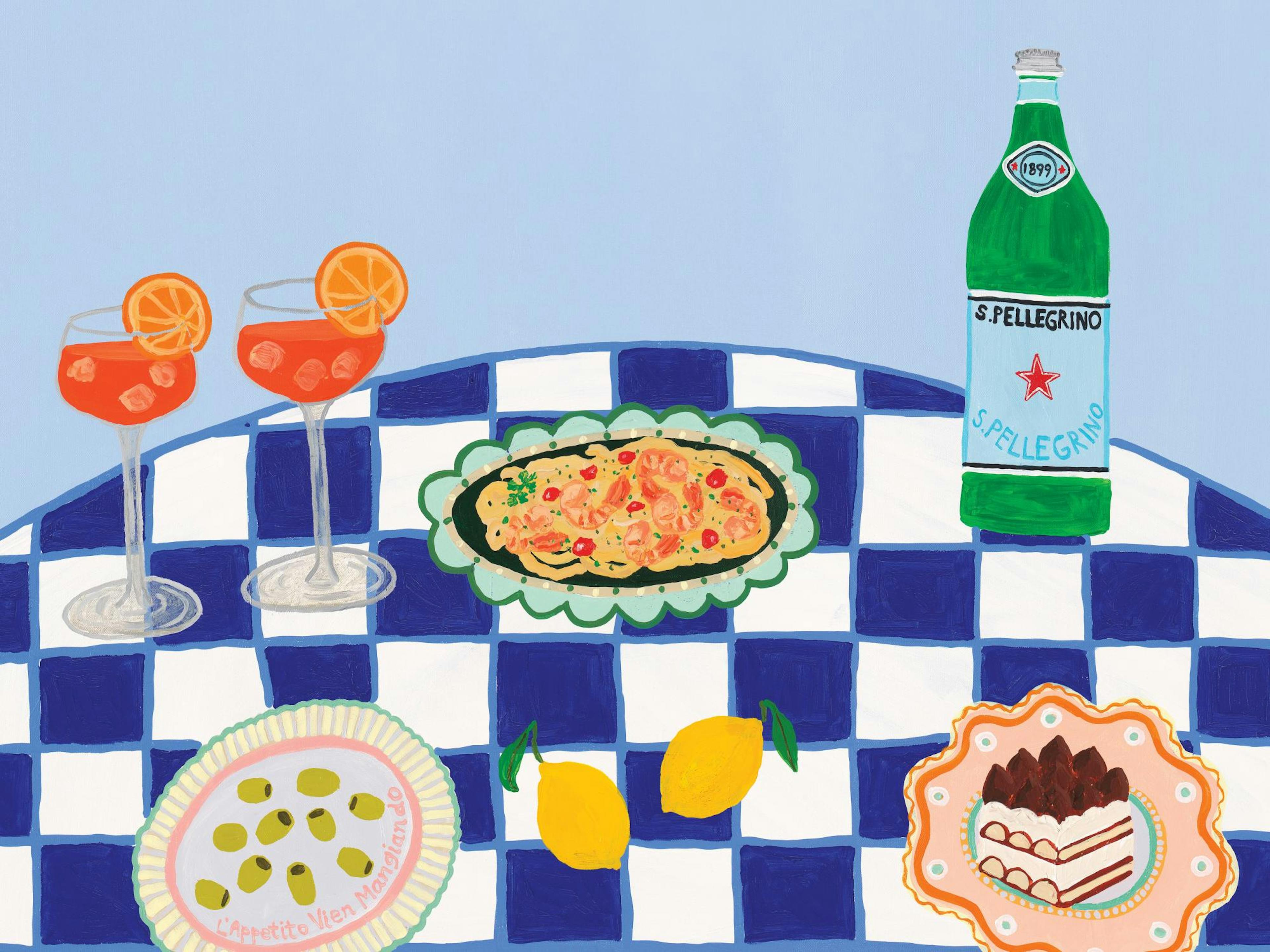 Affiche de cuisine avec des plats et boissons italiens sur une nappe à carreaux bleus et blancs