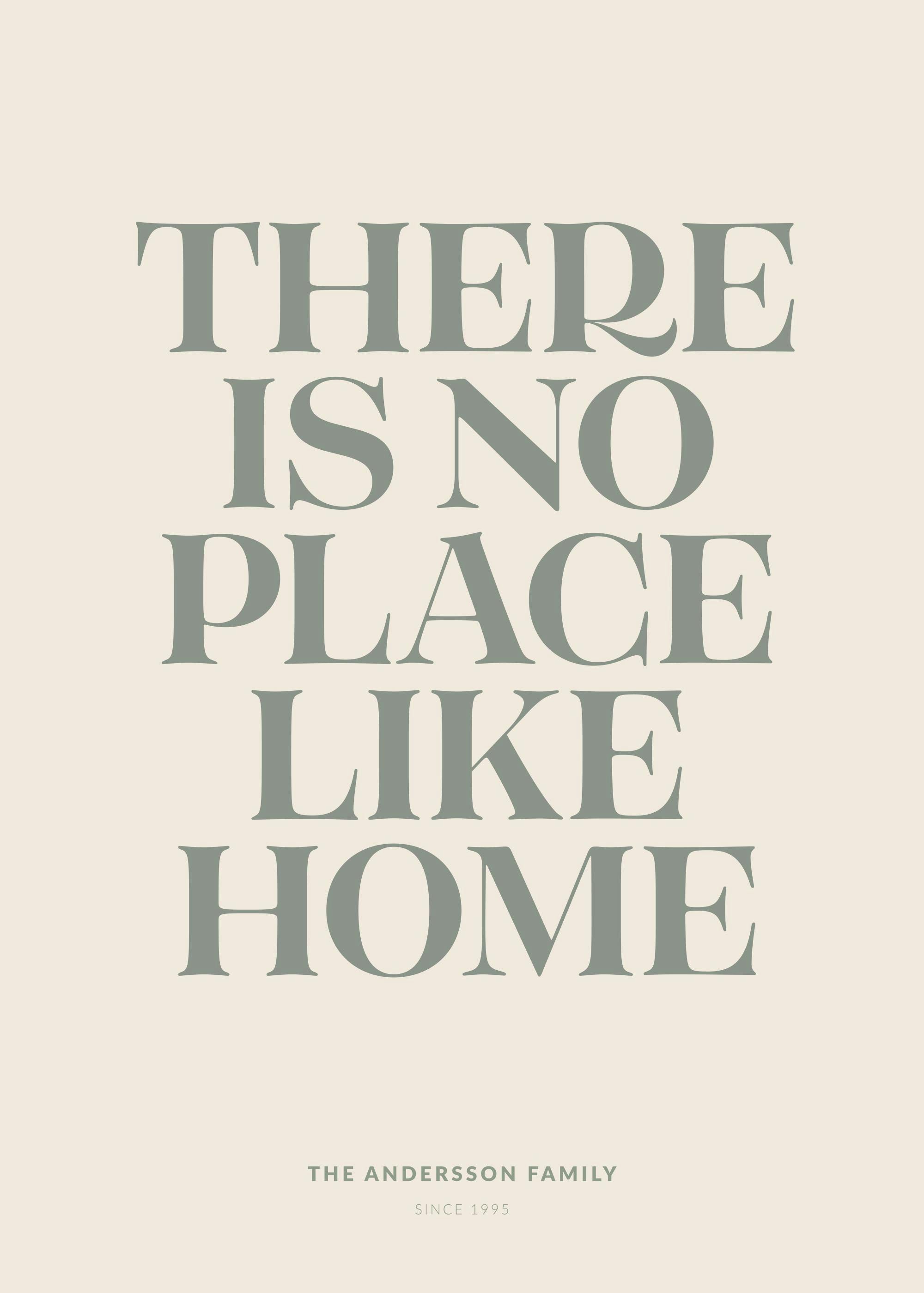 Personalised poster with There is no place like home in green text on a cream background, a family name below.