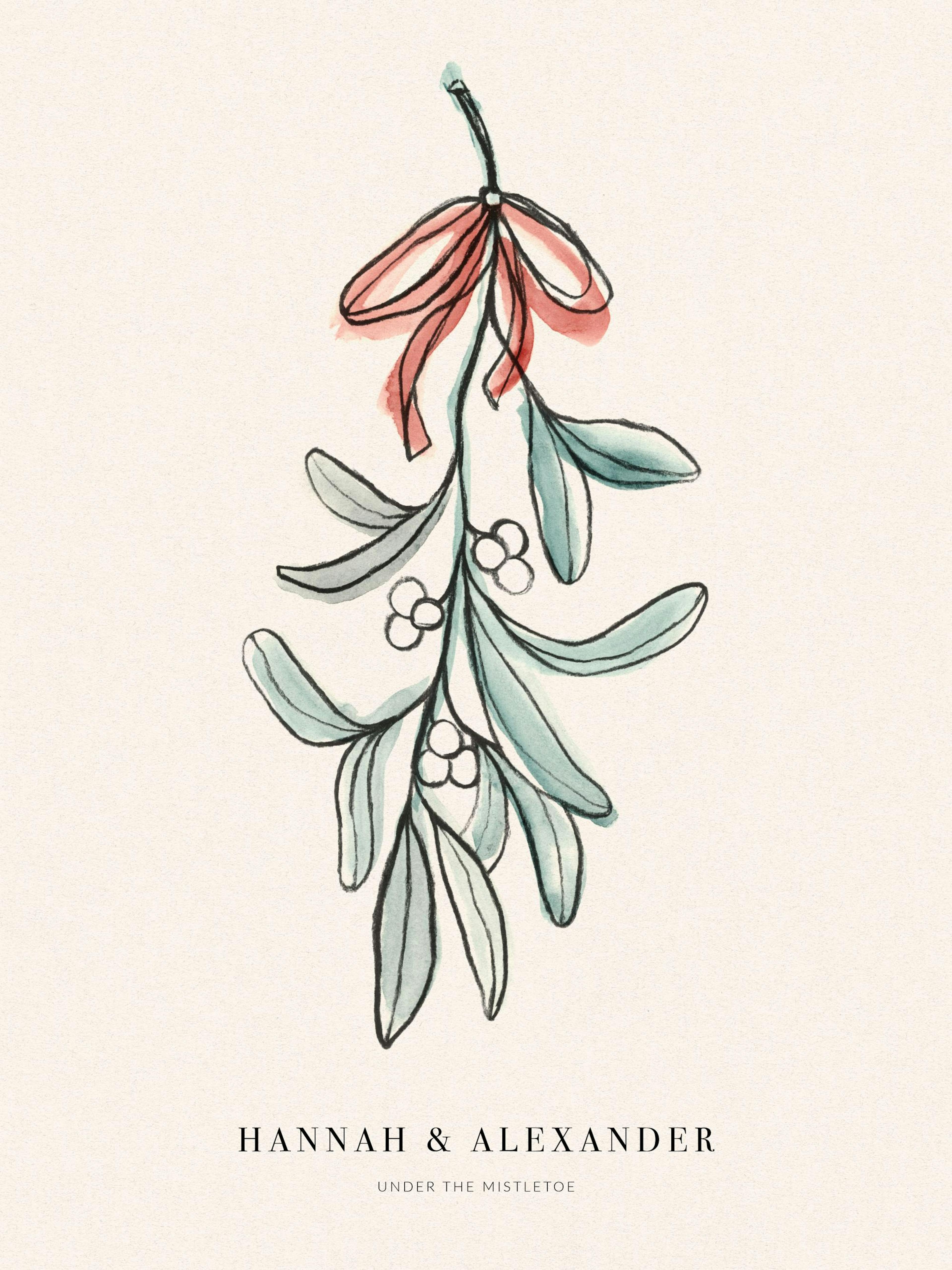 Watercolor mistletoe illustration with green leaves, white berries, and a red bow, on a cream background.