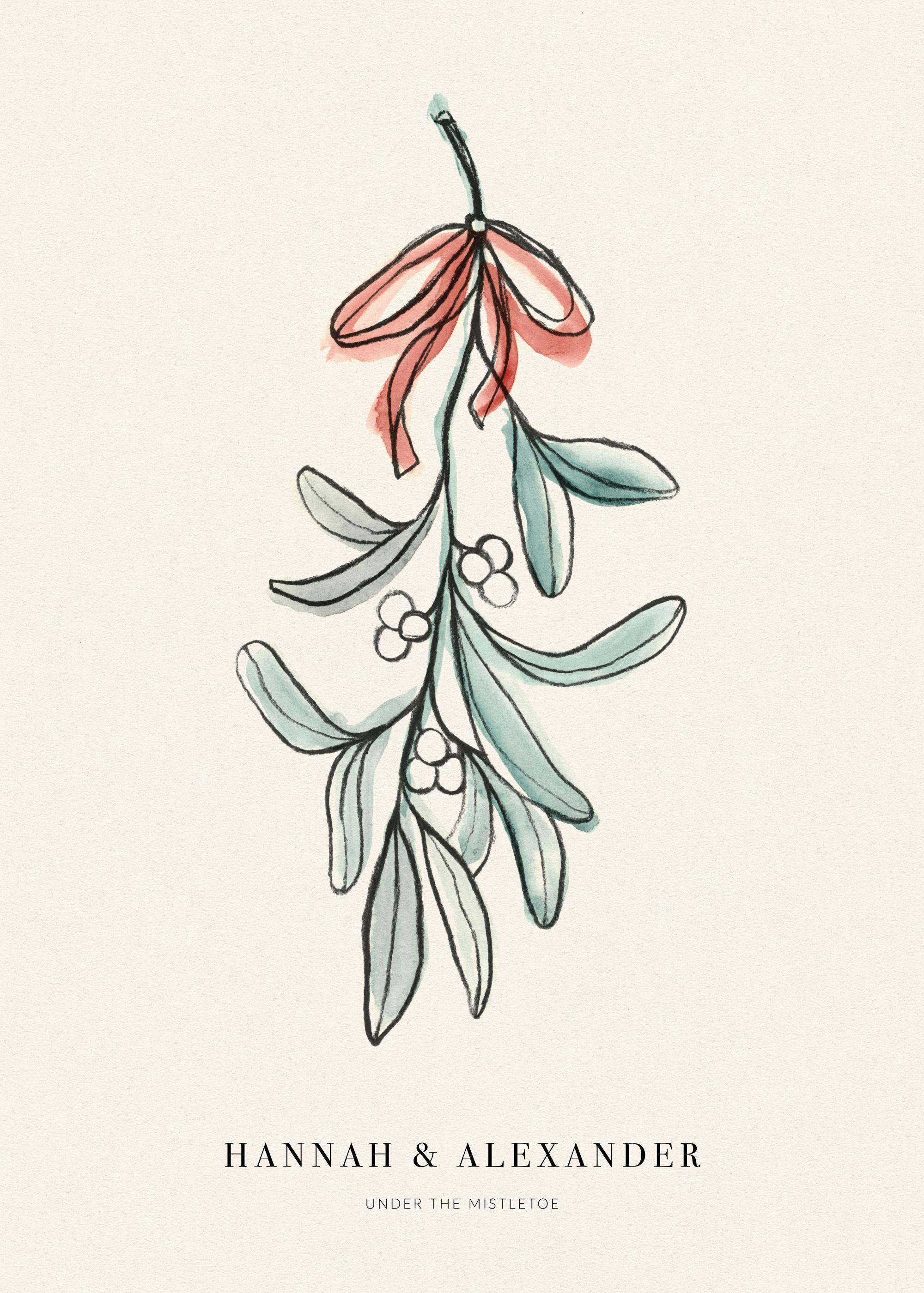 Ilustración acuarela de muérdago navideño con lazo rojo y bayas blancas, estilo botánico elegante.