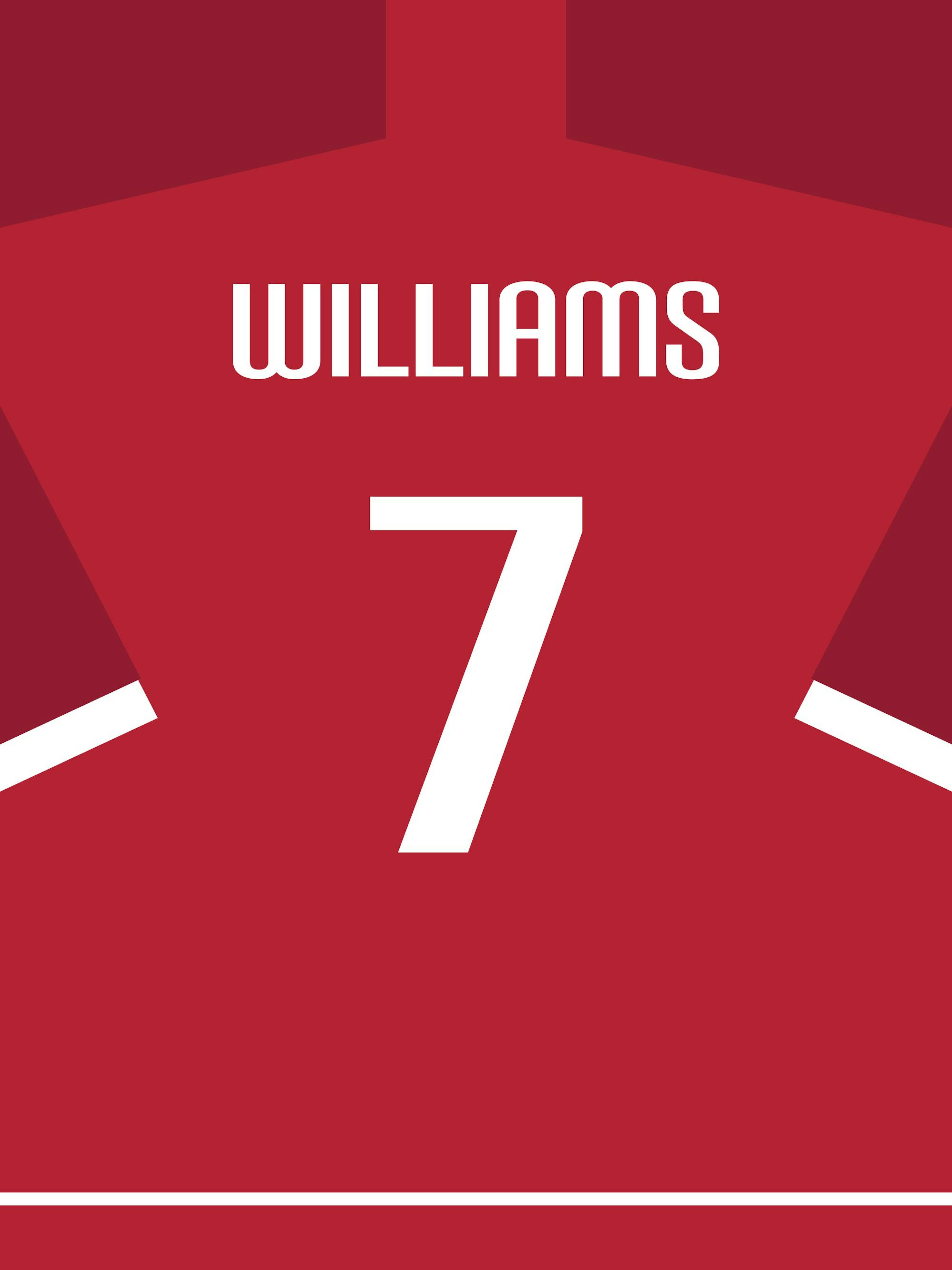 Póster de camiseta de fútbol roja personalizable con el nombre y número 7 en blanco, ideal para aficionados al fútbol. Diseño mi