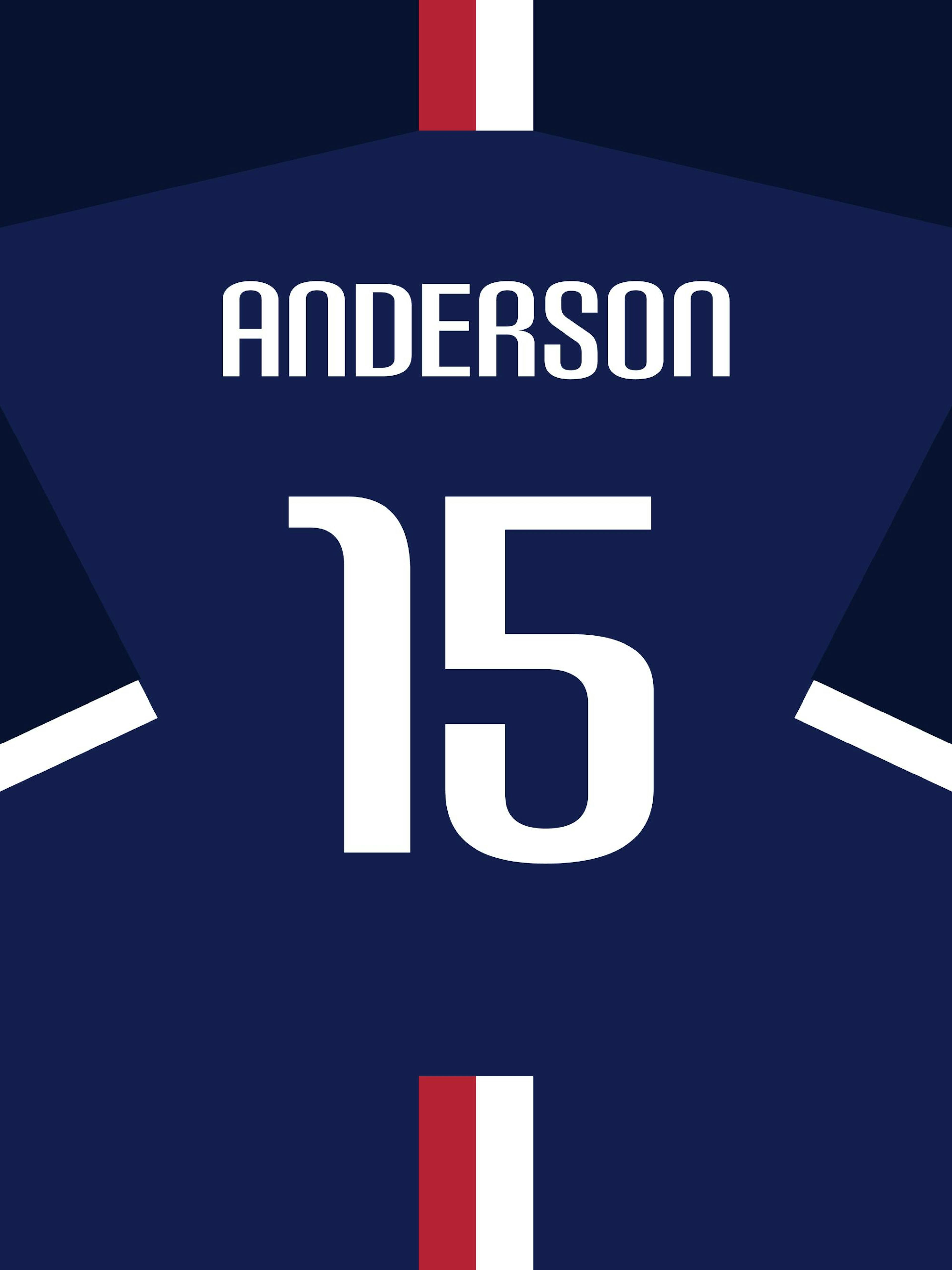 Personalized dark blue football shirt print with red and white stripes, customizable name and number, poster