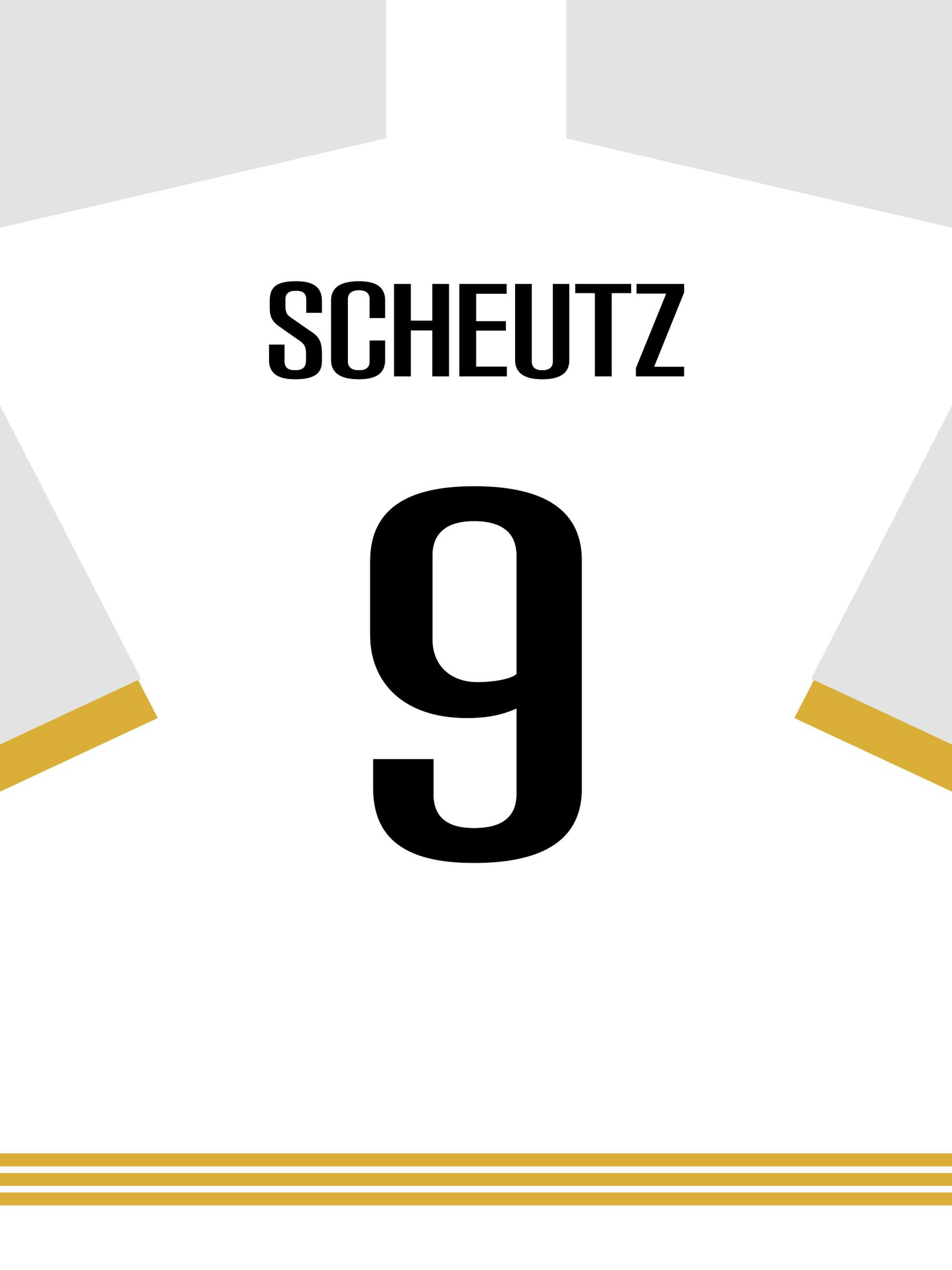 Weißes Fußballtrikot-Poster mit goldenen Details, personalisierbar mit Name und Nummer, Fußball-Design.