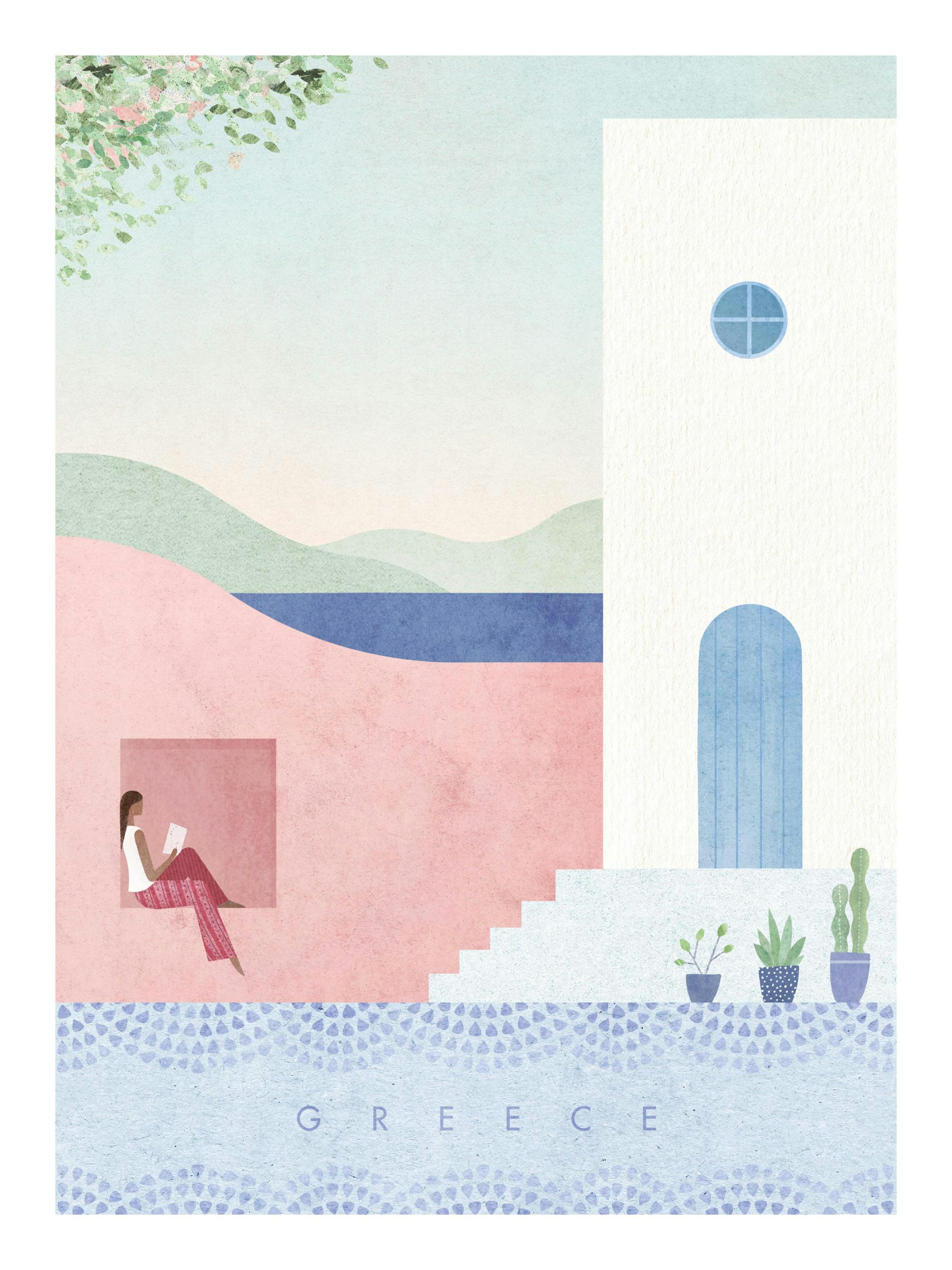 Henry Rivers Greece poster print with houses in pink, blue, white, and a woman reading.