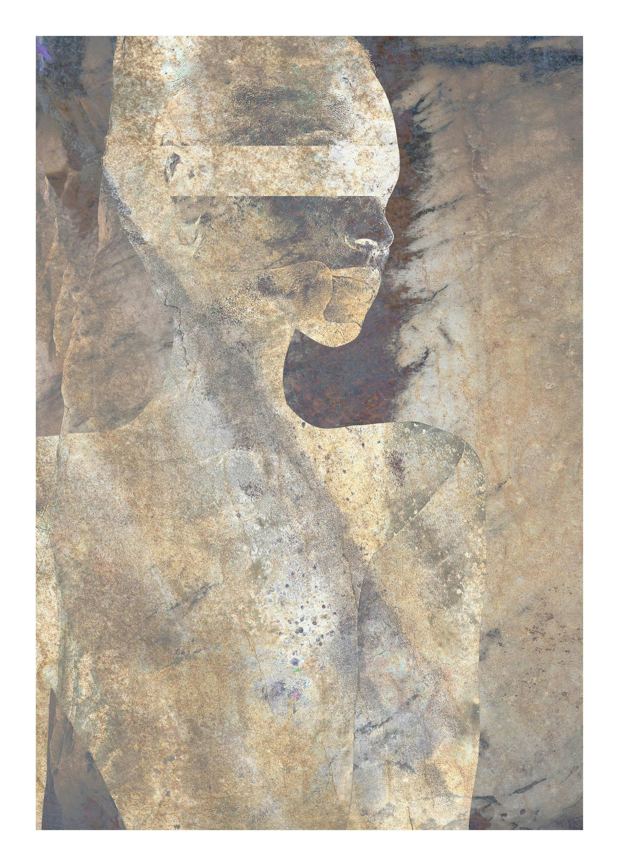 Linnea Franks Guardian No1 print, a blindfolded figure in textured gold and blue tones, a modern art poster.