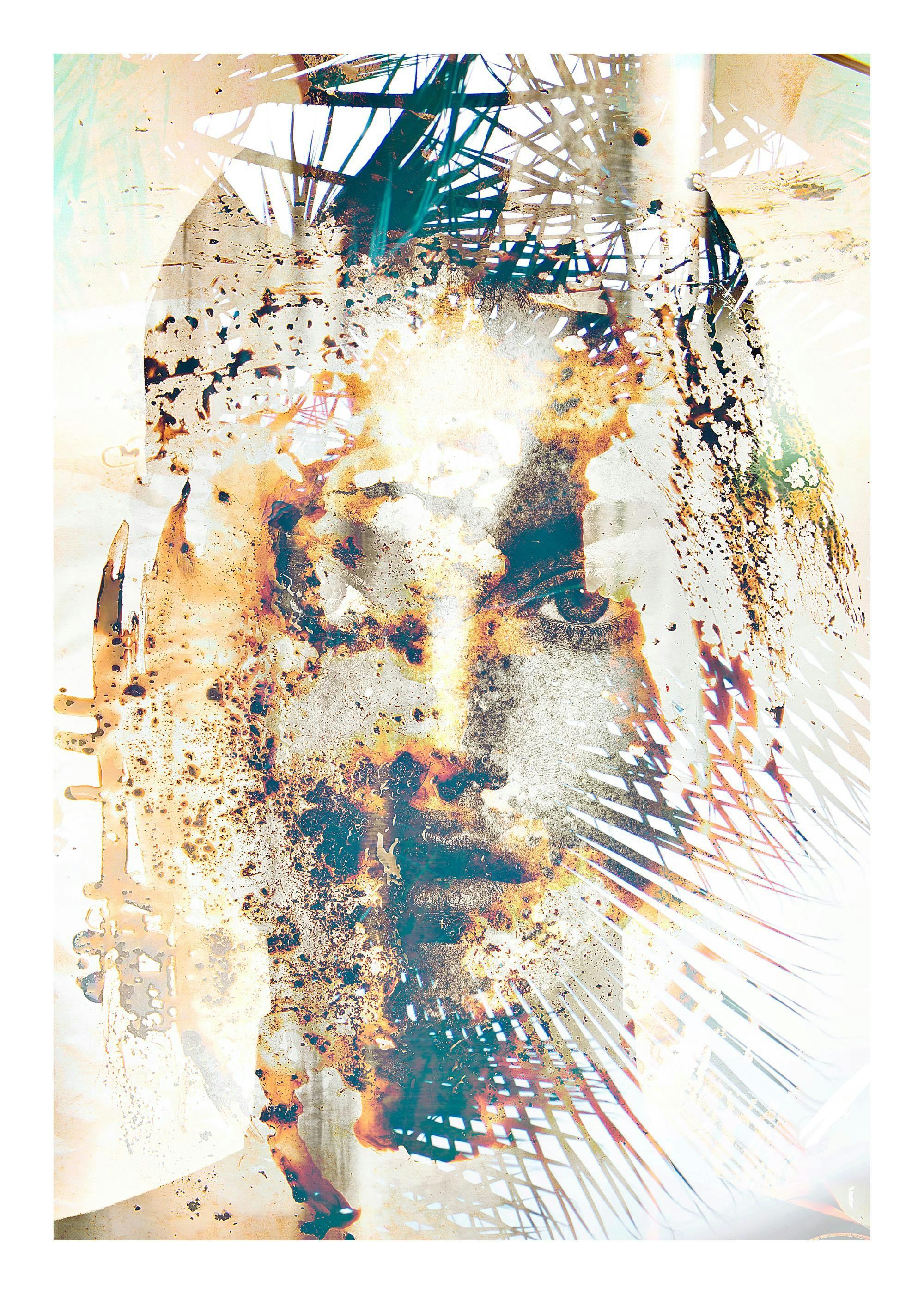 Linnea Frank Epoch Print: Womans face with golden sparks and grass leaves, abstract art poster