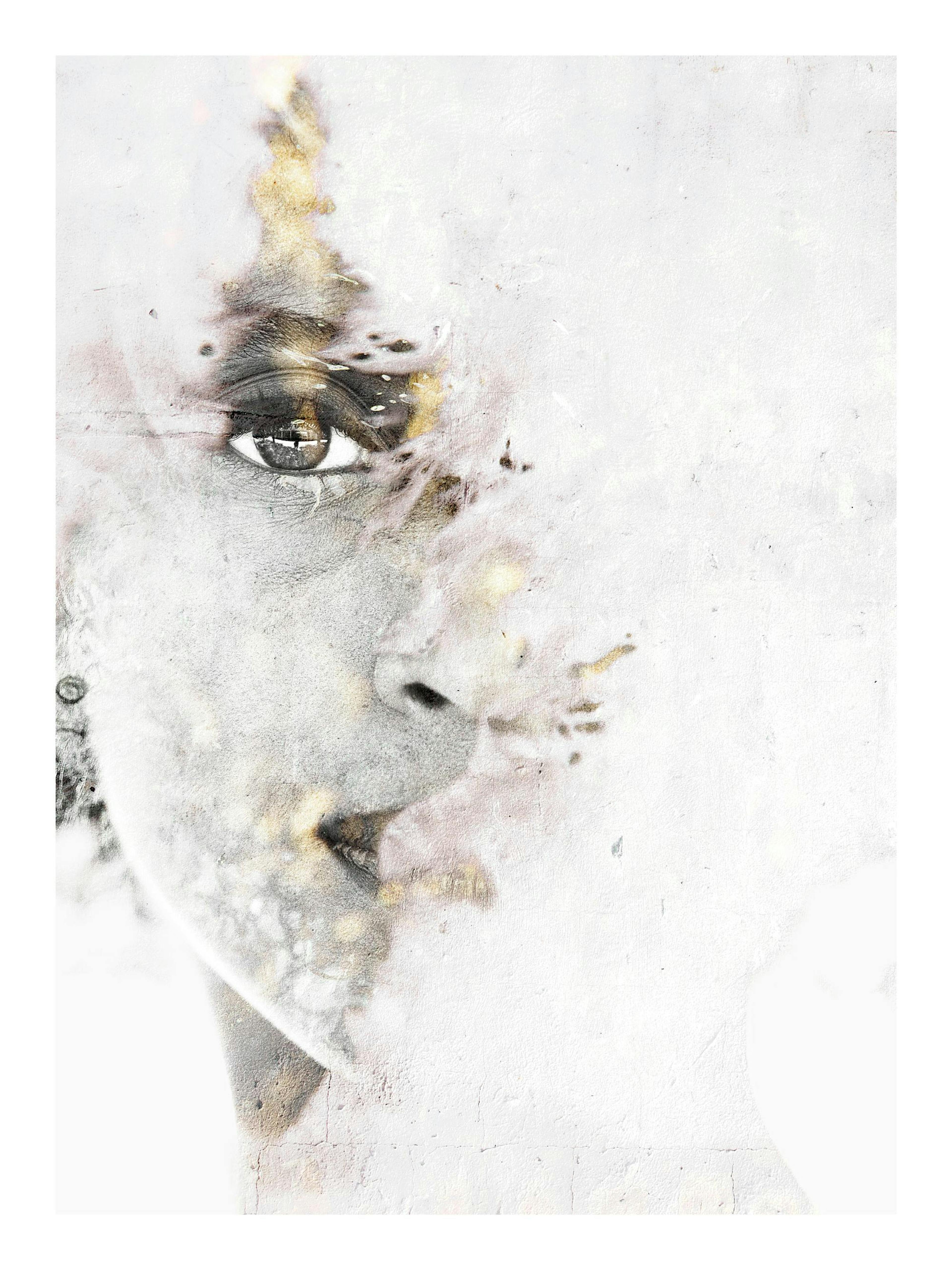 Black and white print of a womans face, half-covered by a white feather, with an intense look.