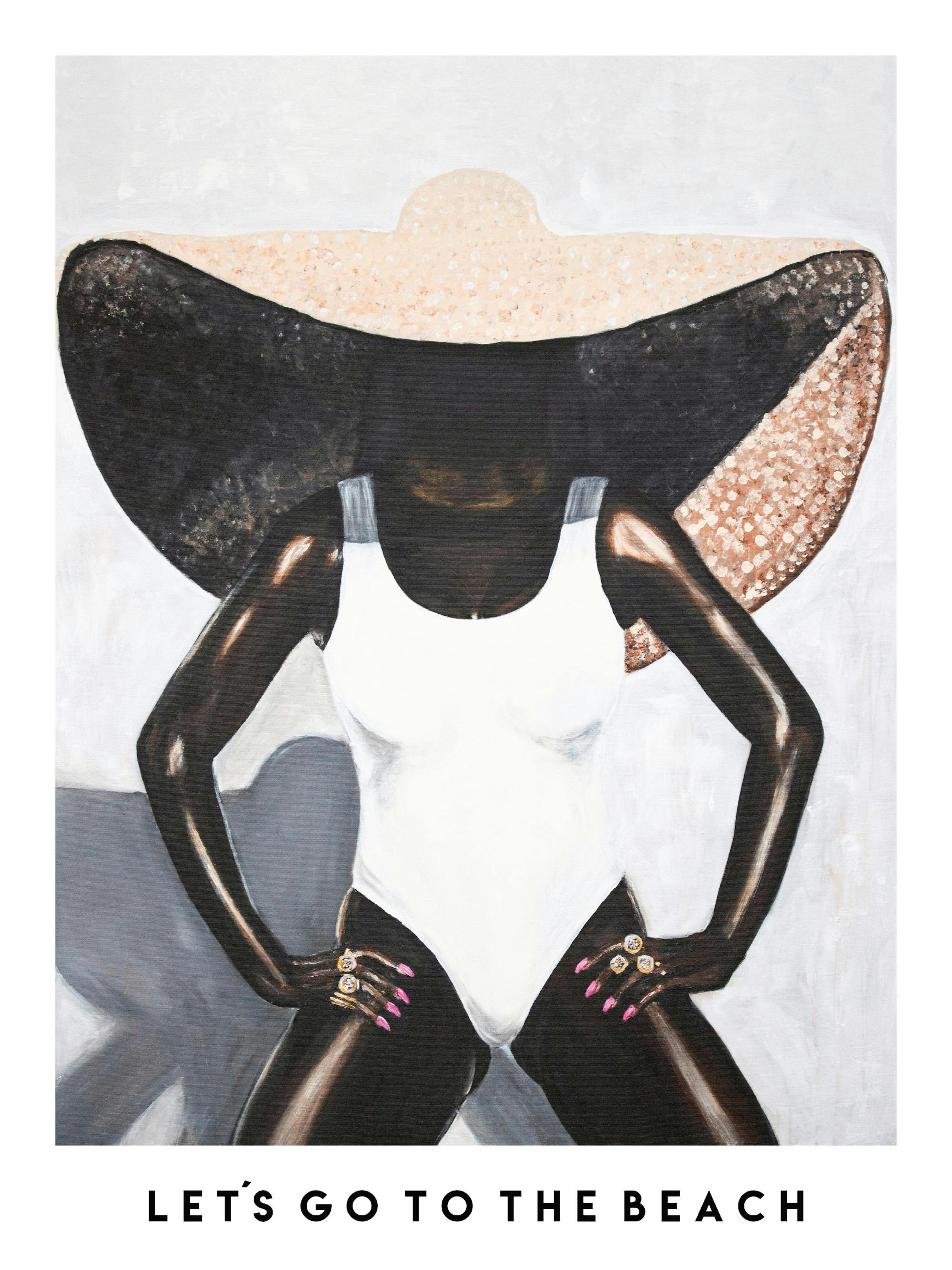 Ilustración de mujer con traje de baño blanco, sombrero de sol negro, brazos en las caderas, estilo playa