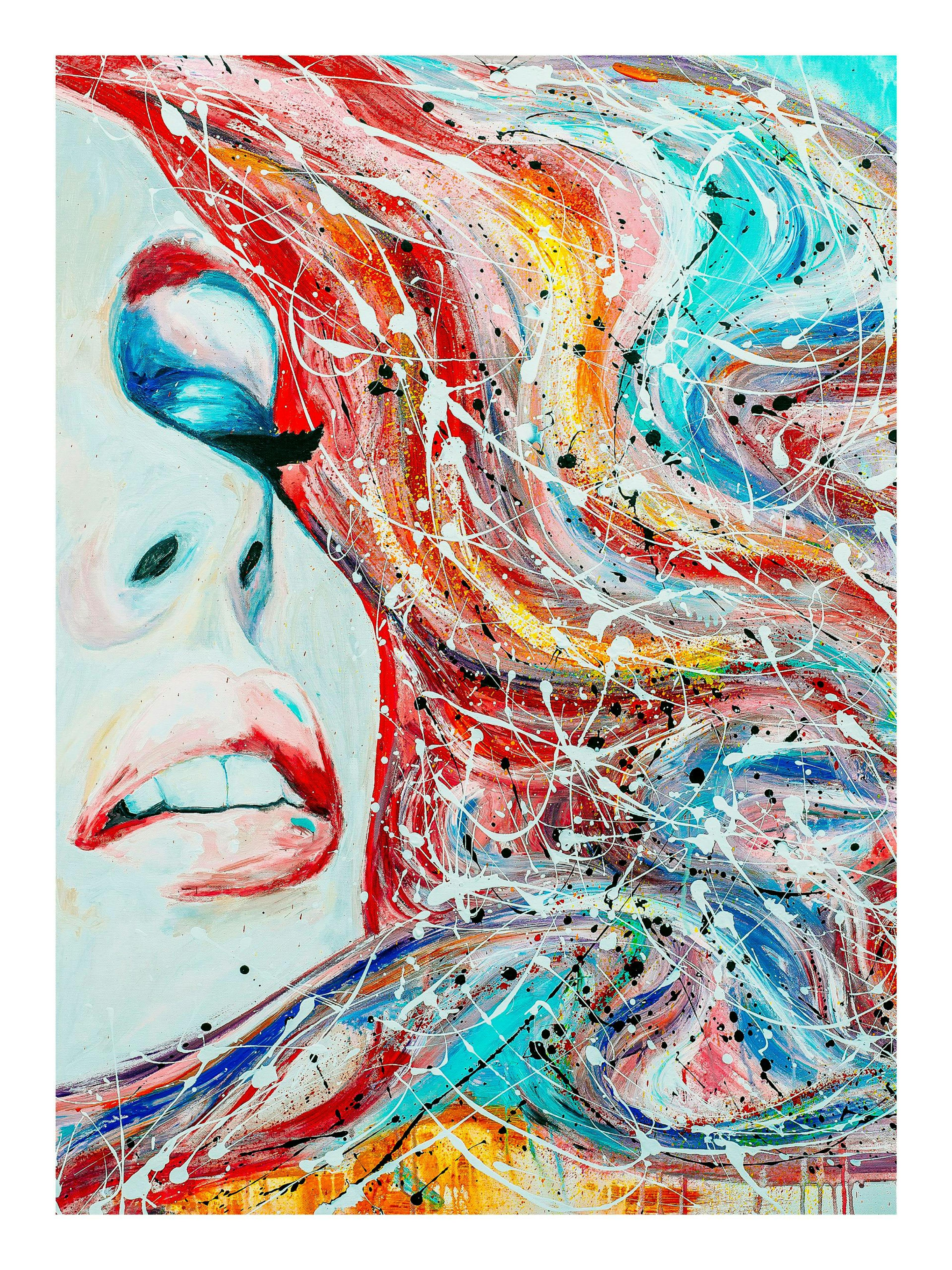 Print of womans face with rainbow hair, blue eyeshadow, and red lipstick. Colorful poster art.