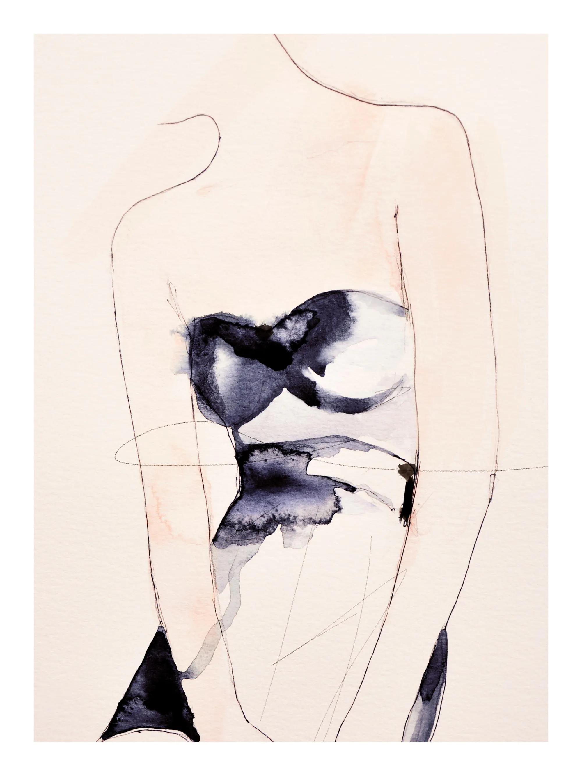 Line Art Frau im Kleid, Tuschezeichnung auf beigem Hintergrund, Poster von Leigh Viner
