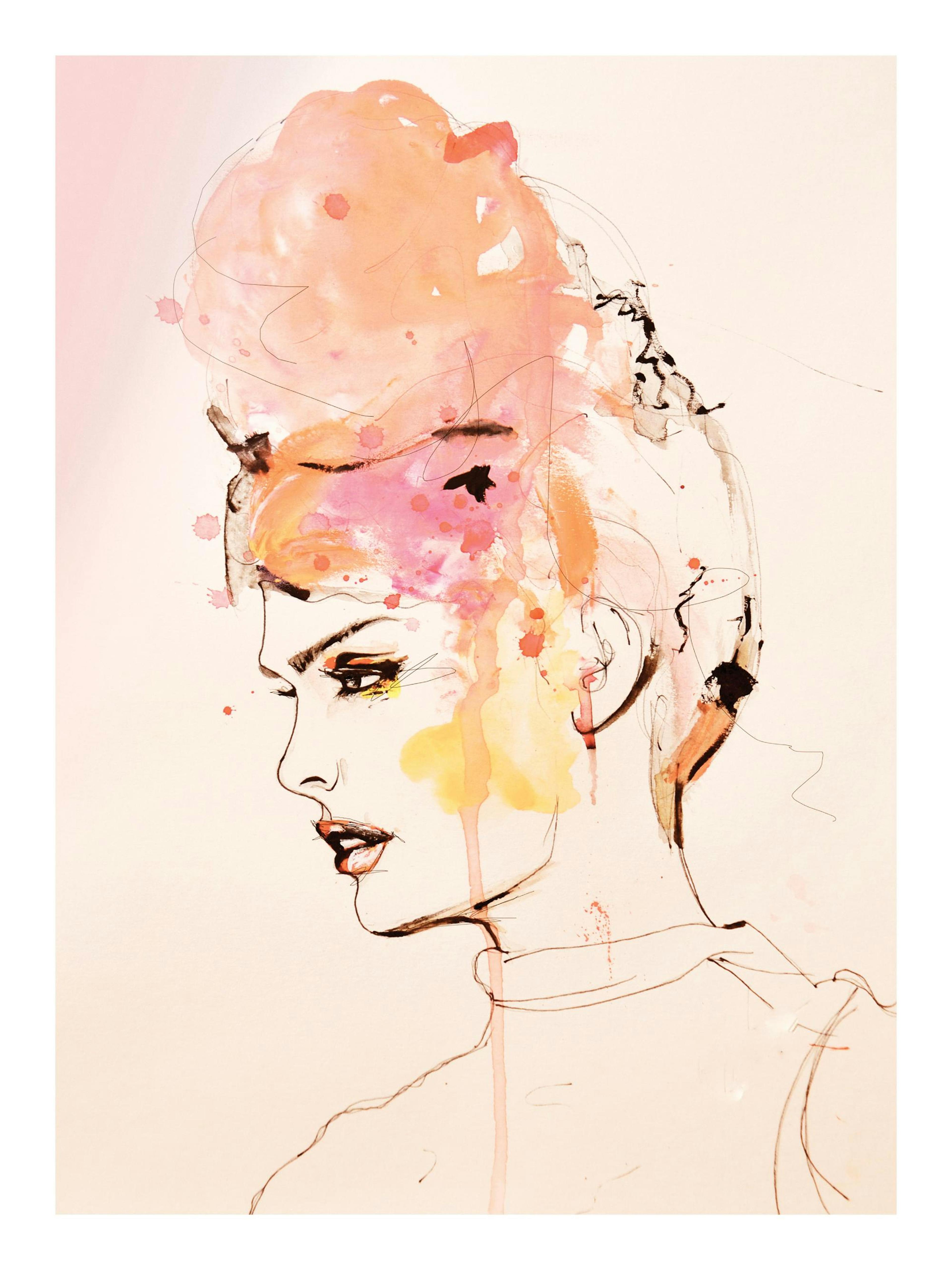 Illustriertes Profil einer Frau mit orangefarbenem Haar und ausdrucksvollem Blick, gemalt mit Aquarellspritzern.