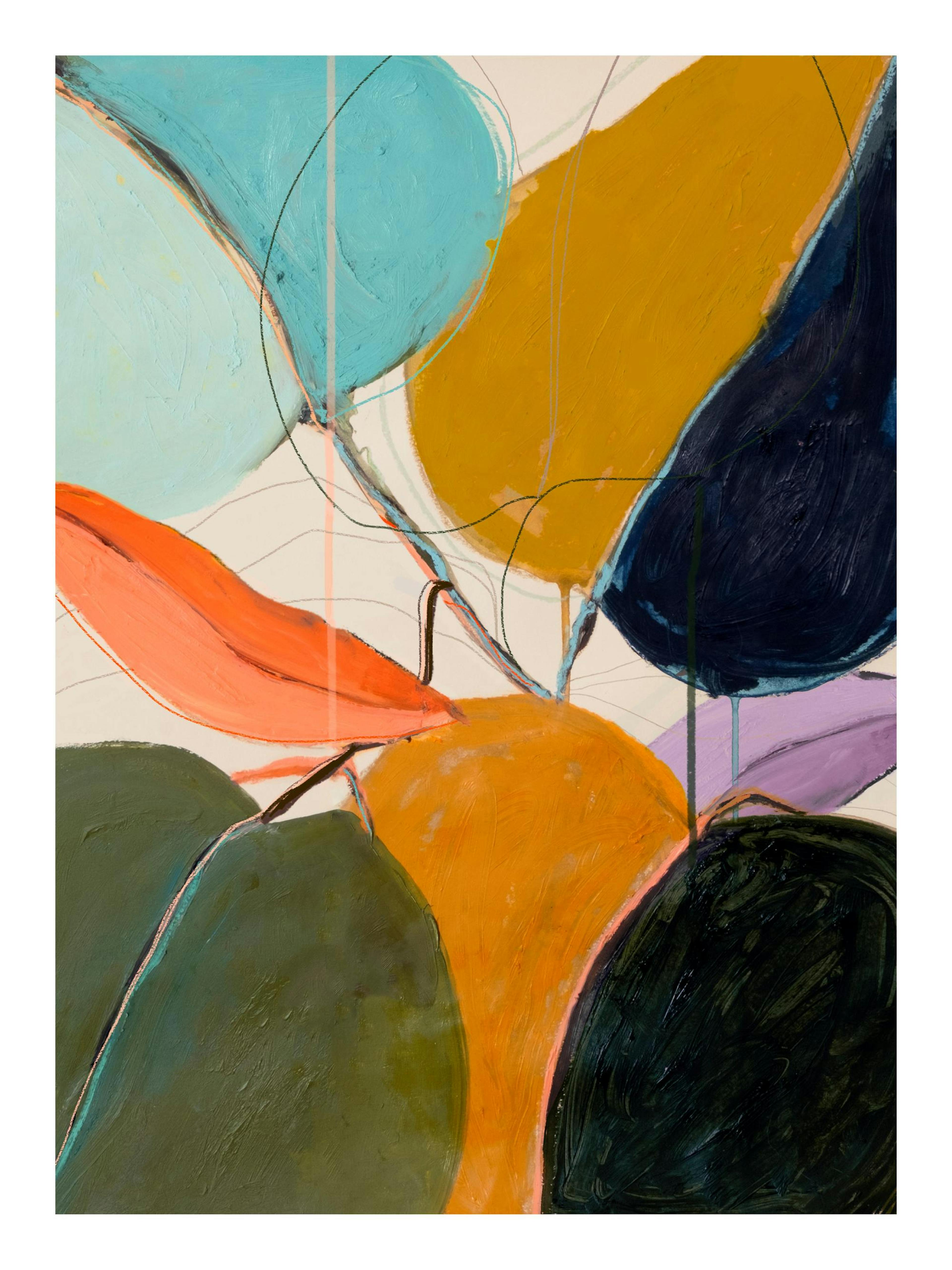 Póster abstrato de plantas com folhas em tons de azul, dourado, laranja, verde e preto, com contornos finos e fundos bege.