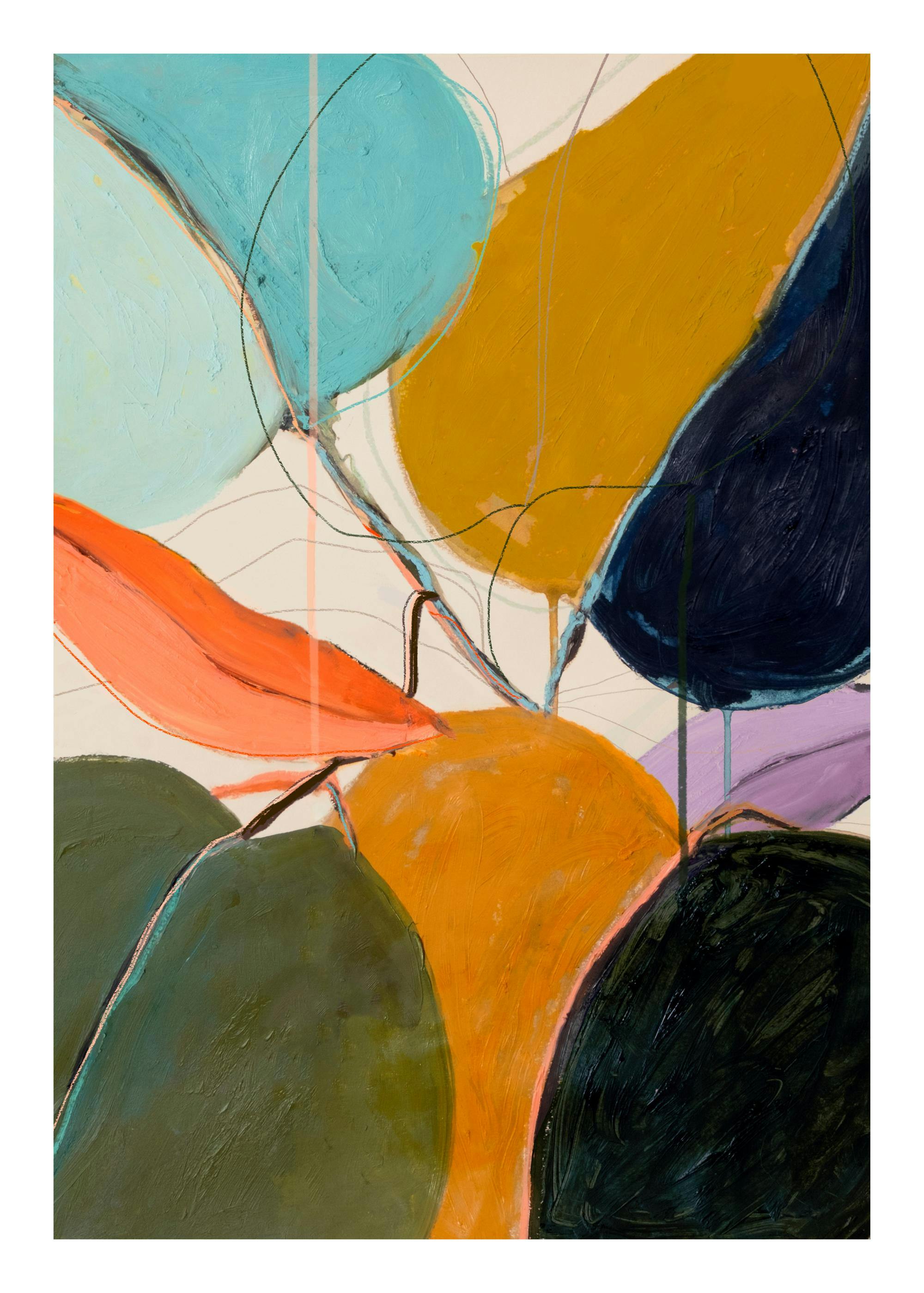 Abstract art print featuring colorful plant shapes in teal, orange, mustard, and dark green, with delicate line details by Leigh