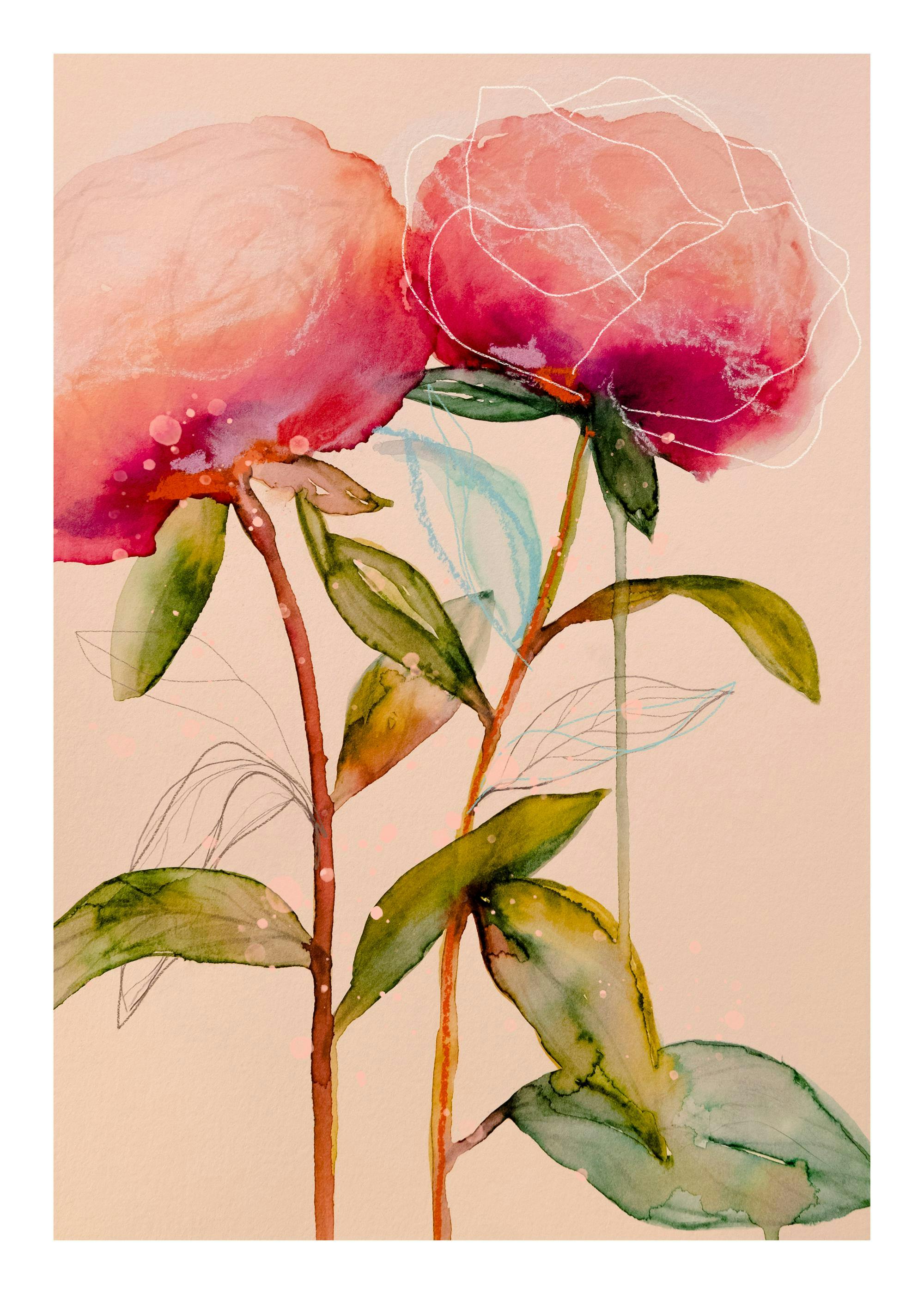 Affiche de pivoines rouges avec des branches brunes et des feuilles vertes sur un fond pêche, style aquarelle