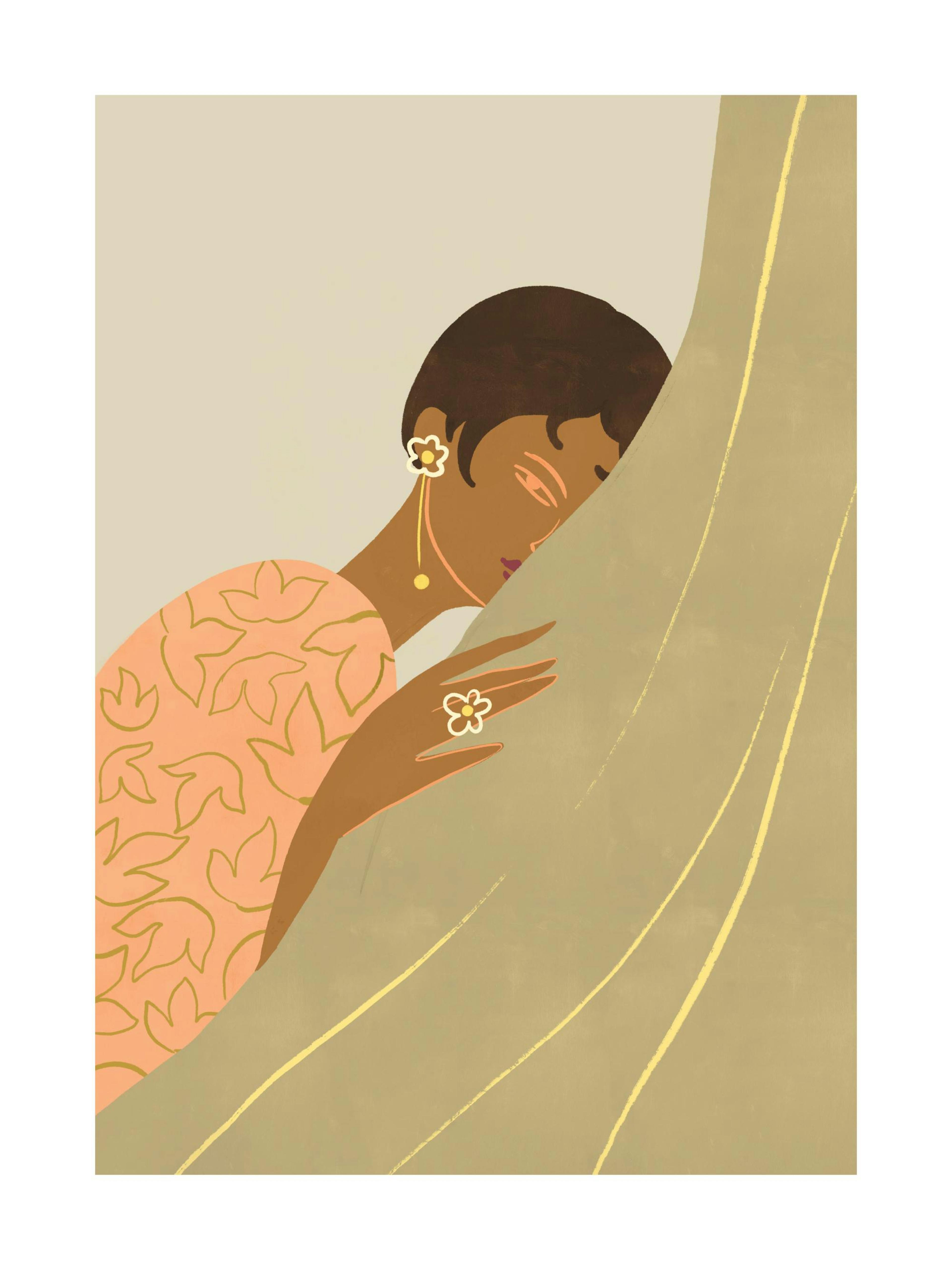 Illustration of a woman with short hair leaning against a green surface, wearing a peach patterned shirt and flower jewelry.
