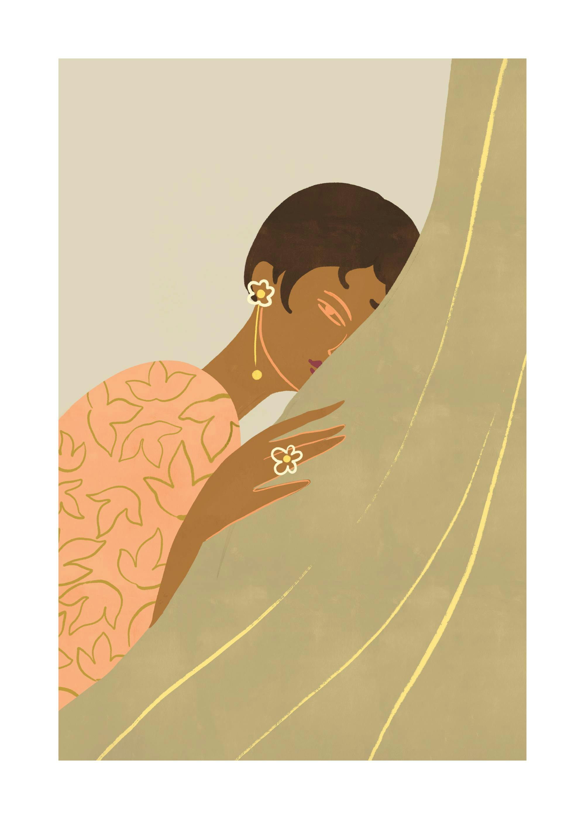 Arty Guavas The Introvert poster, featuring a woman leaning against a green surface, in peach and brown tones.