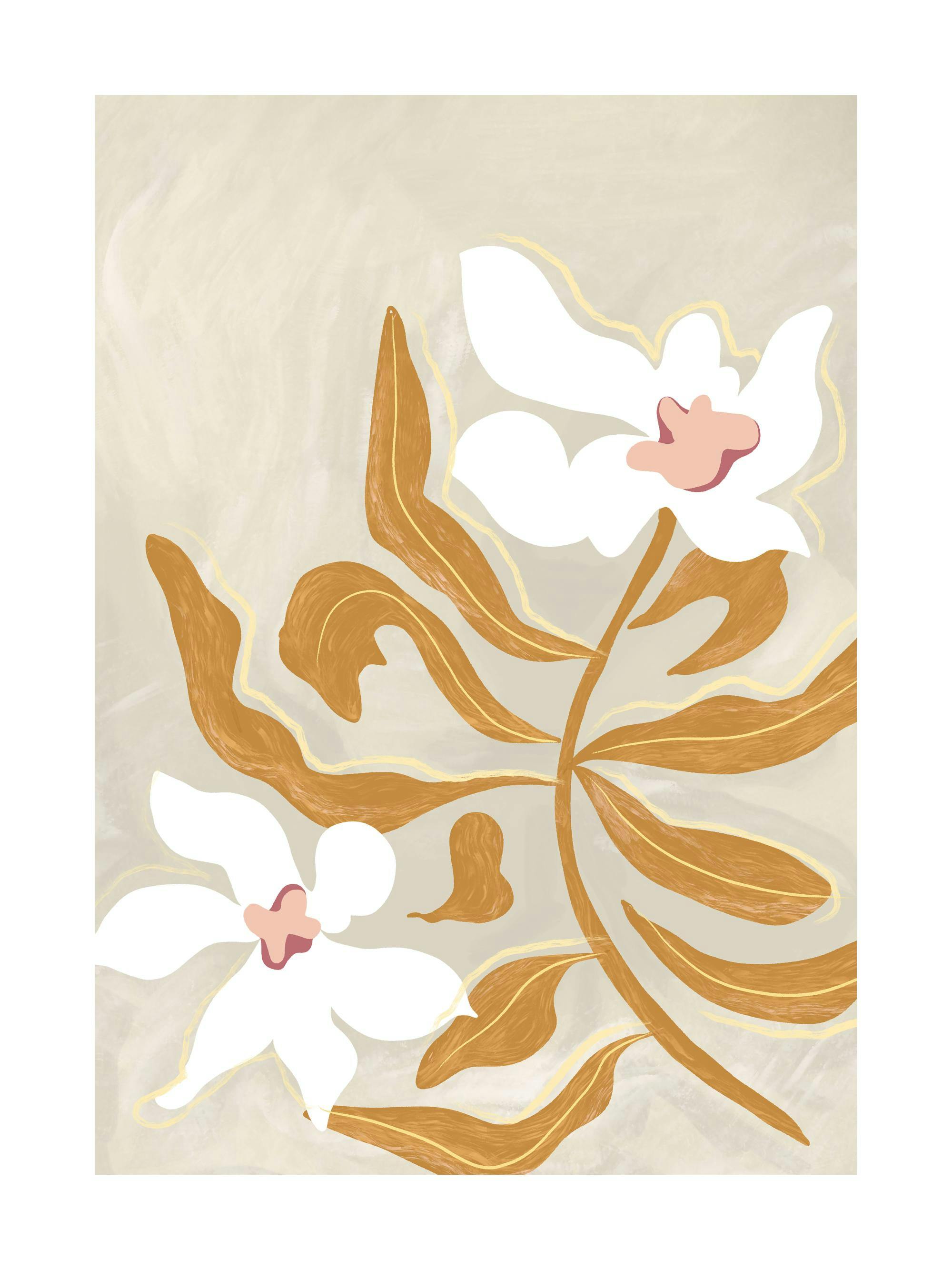 Poster med vita blommor och brungröna grenar mot en beige bakgrund, modern blomsterkonst för hemmet.