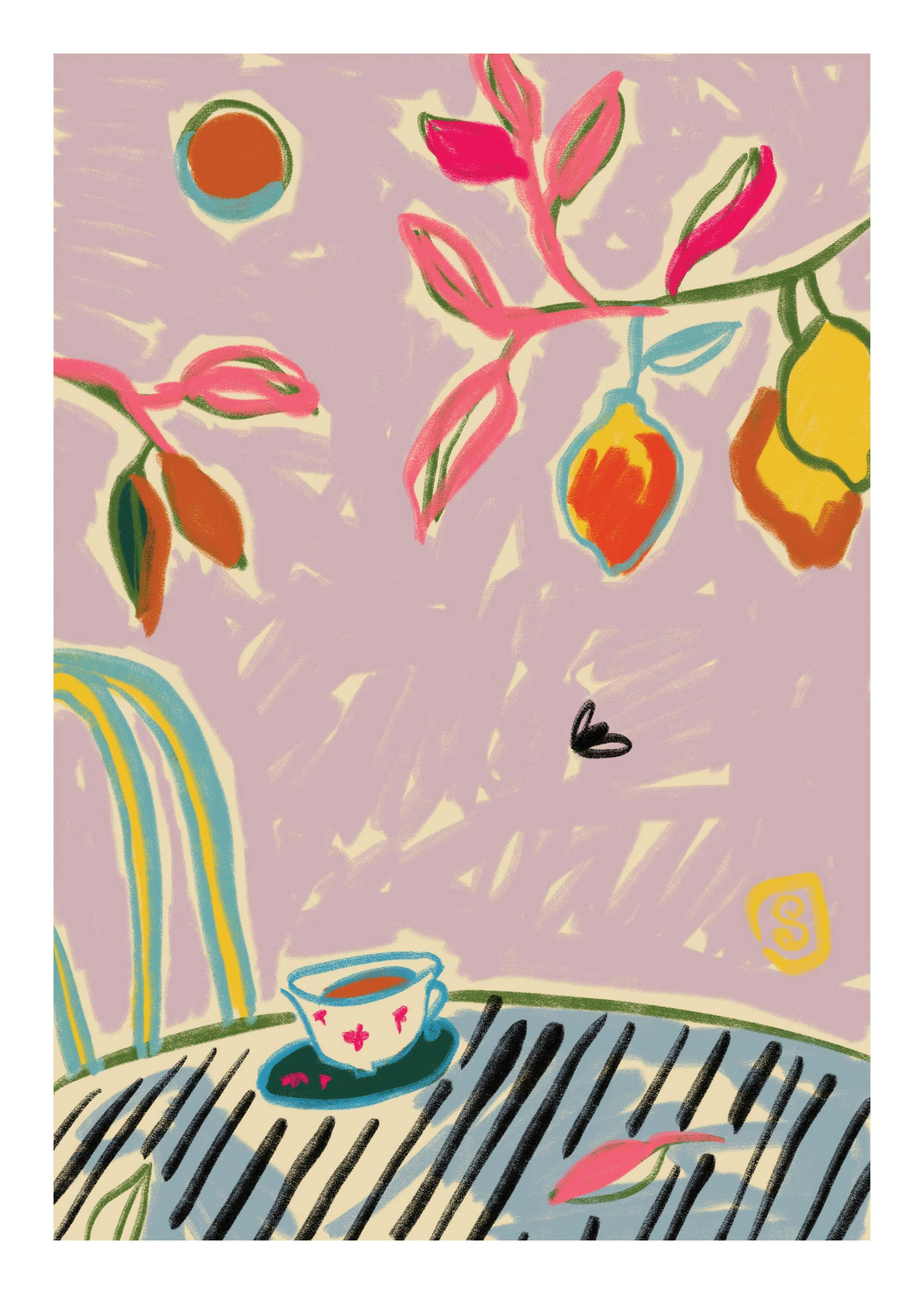 Sandra Poliakovs vibrant outdoor illustration with a coffee cup on a table, blooming trees, and shining sun in modern colours.