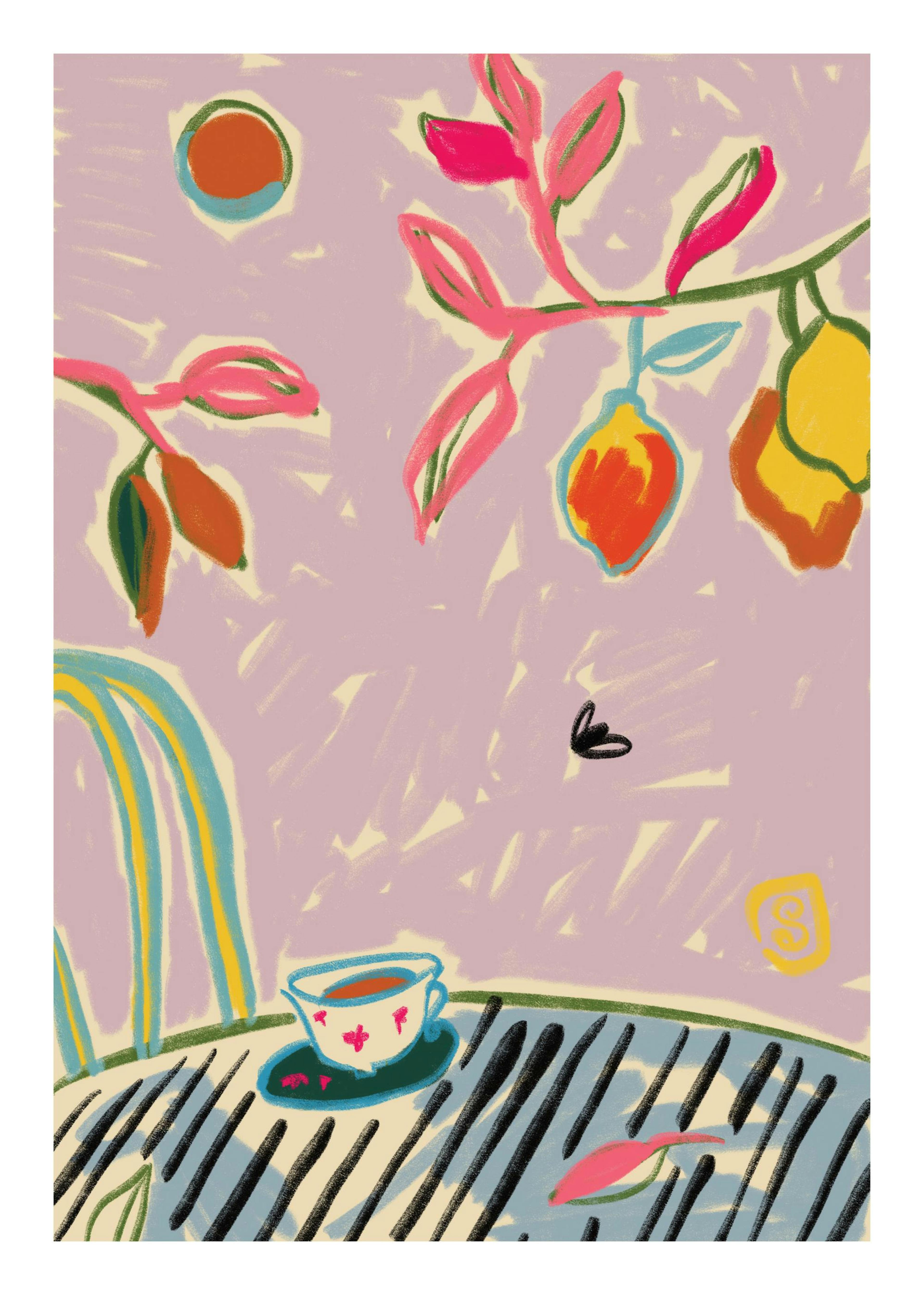 Póster de Sandra Poliakov con ilustración vibrante de una mesa con taza de café, ramas floreciendo y sol, estilo moderno.