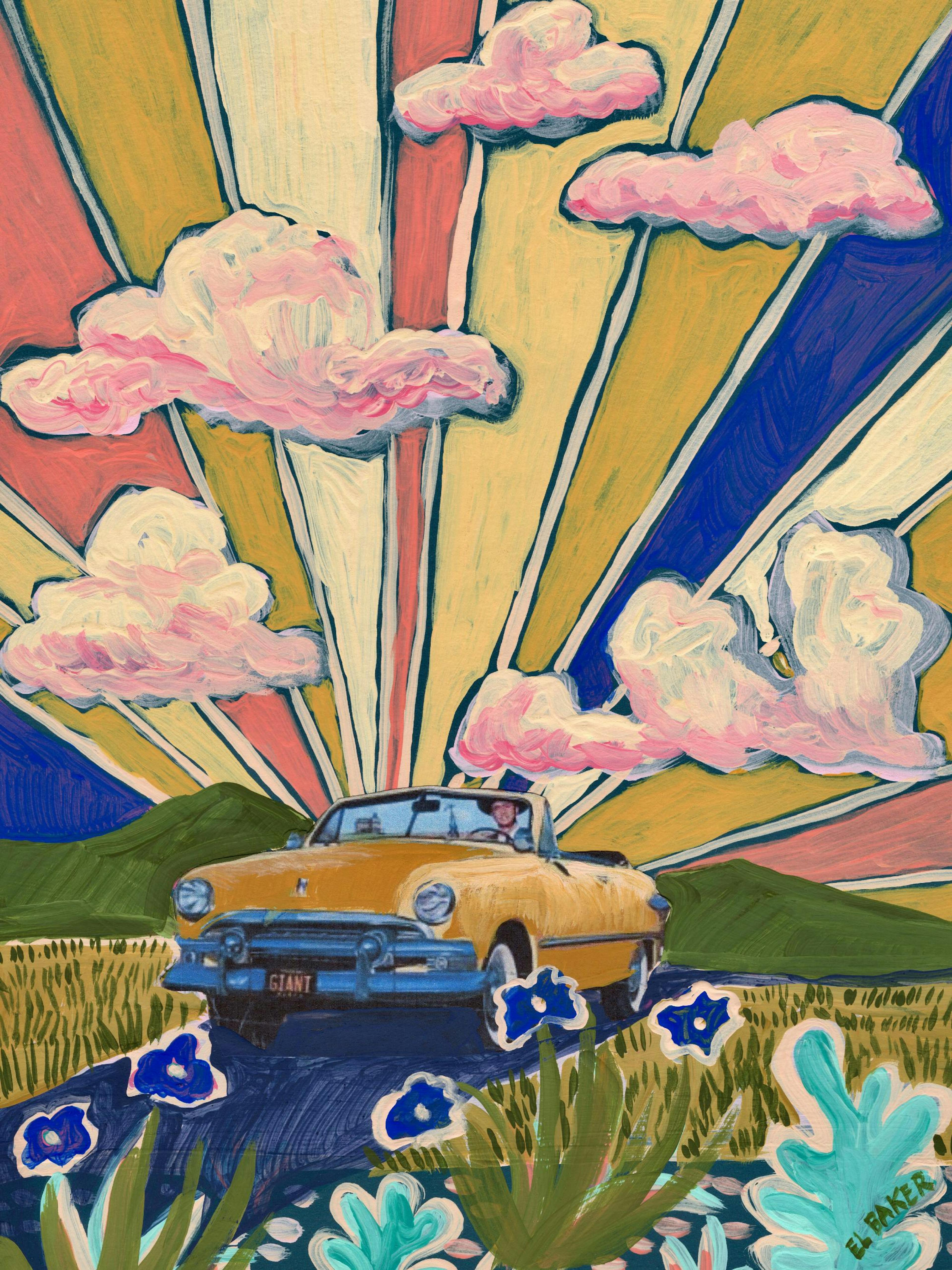 Affiche dune vieille voiture jaune moutarde sous un ciel rose et des rayons de soleil vifs. Artiste Eleanor Baker.