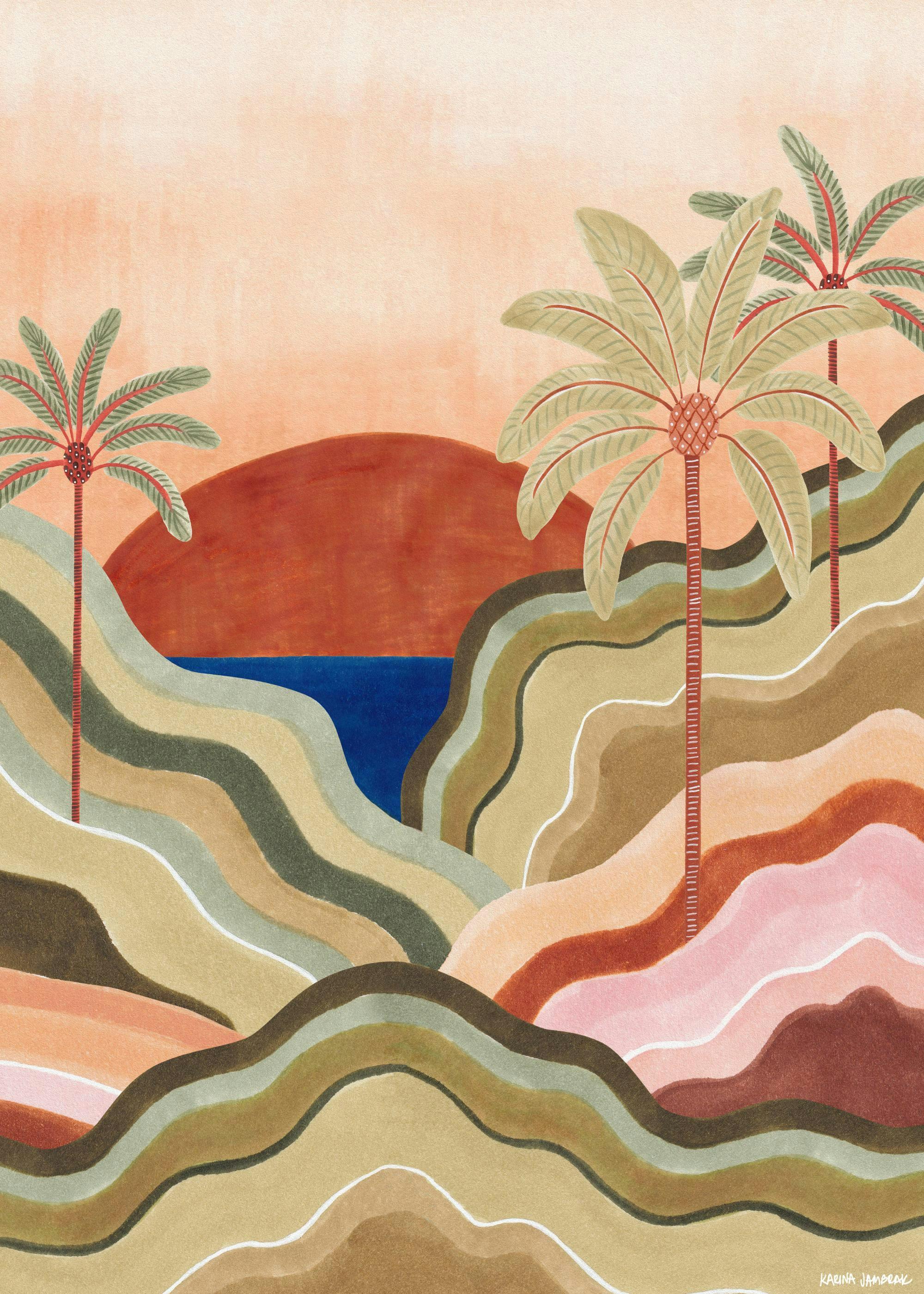 Abstract landscape art with palm trees, a vibrant red sun, and deep blue water, featuring warm earthy tones.