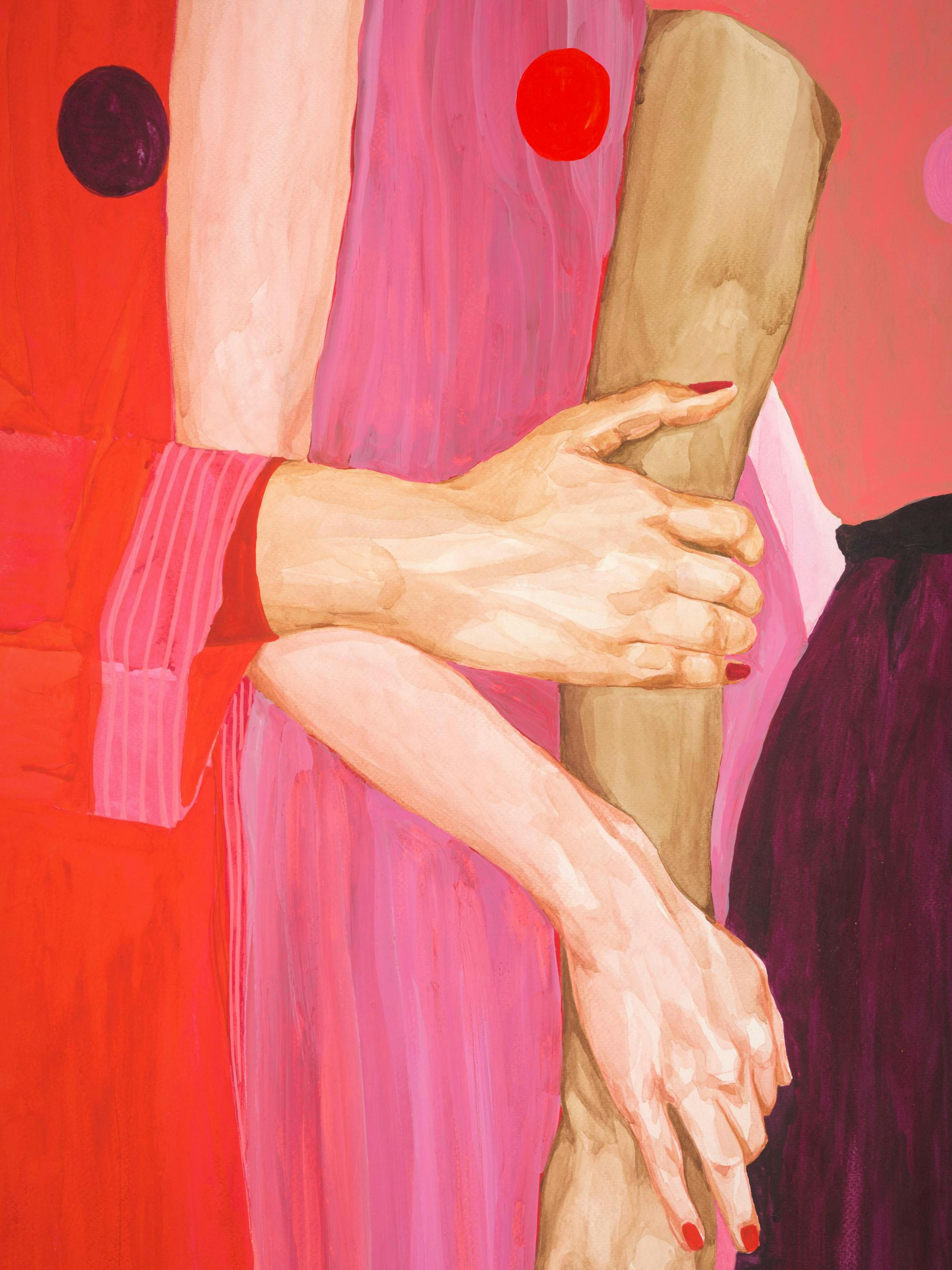 Sophia Novosels vibrant art print of hands holding, in red, pink, and purple hues, symbolising connection.