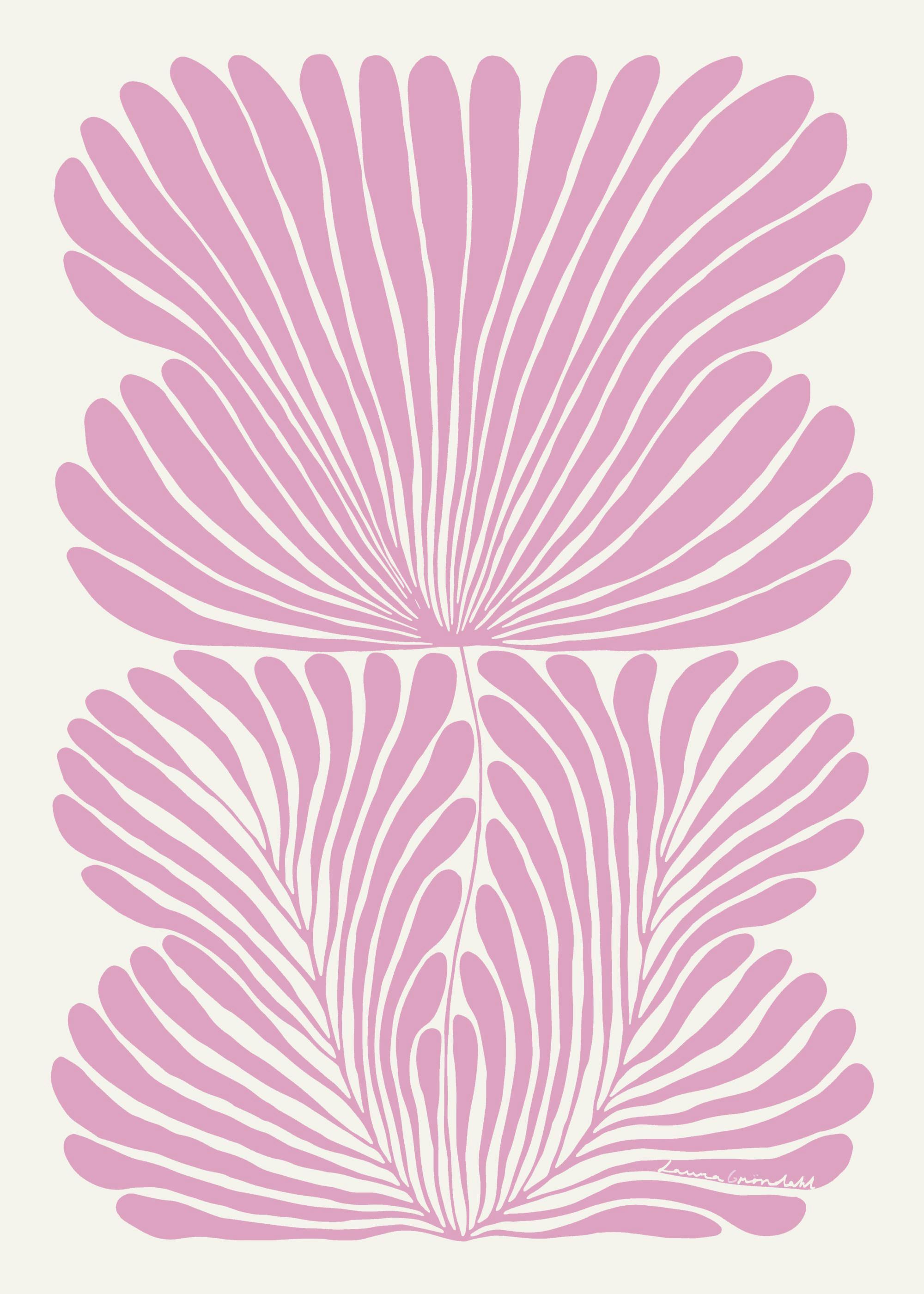 Póster de flor rosa de Laura Gröndahl, estilo abstracto con pétalos orgánicos y líneas fluidas en tonos suaves.