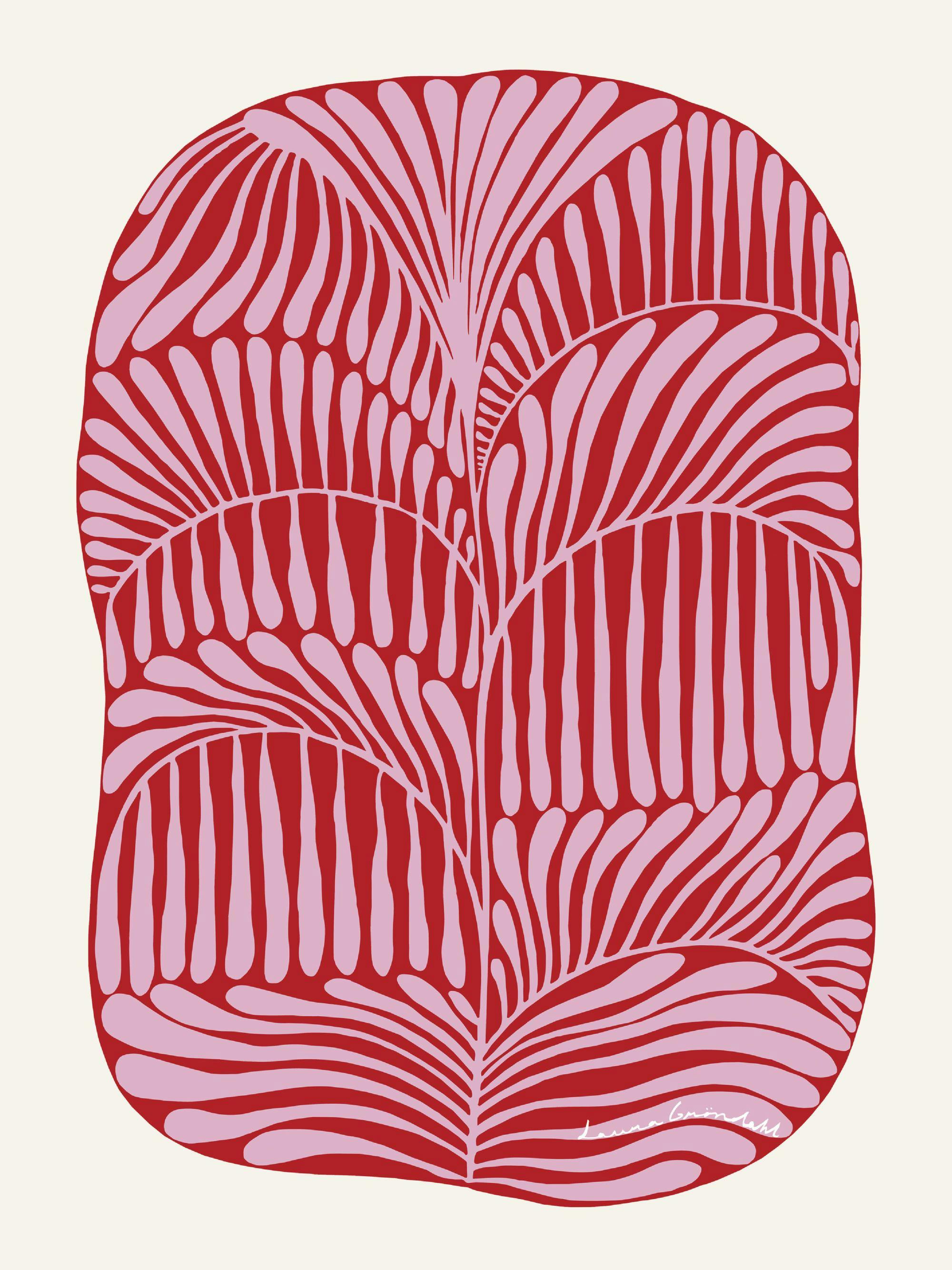 Affiche de Laura Gröndahl avec motif floral rose sur fond rouge, aux lignes fluides et organiques.