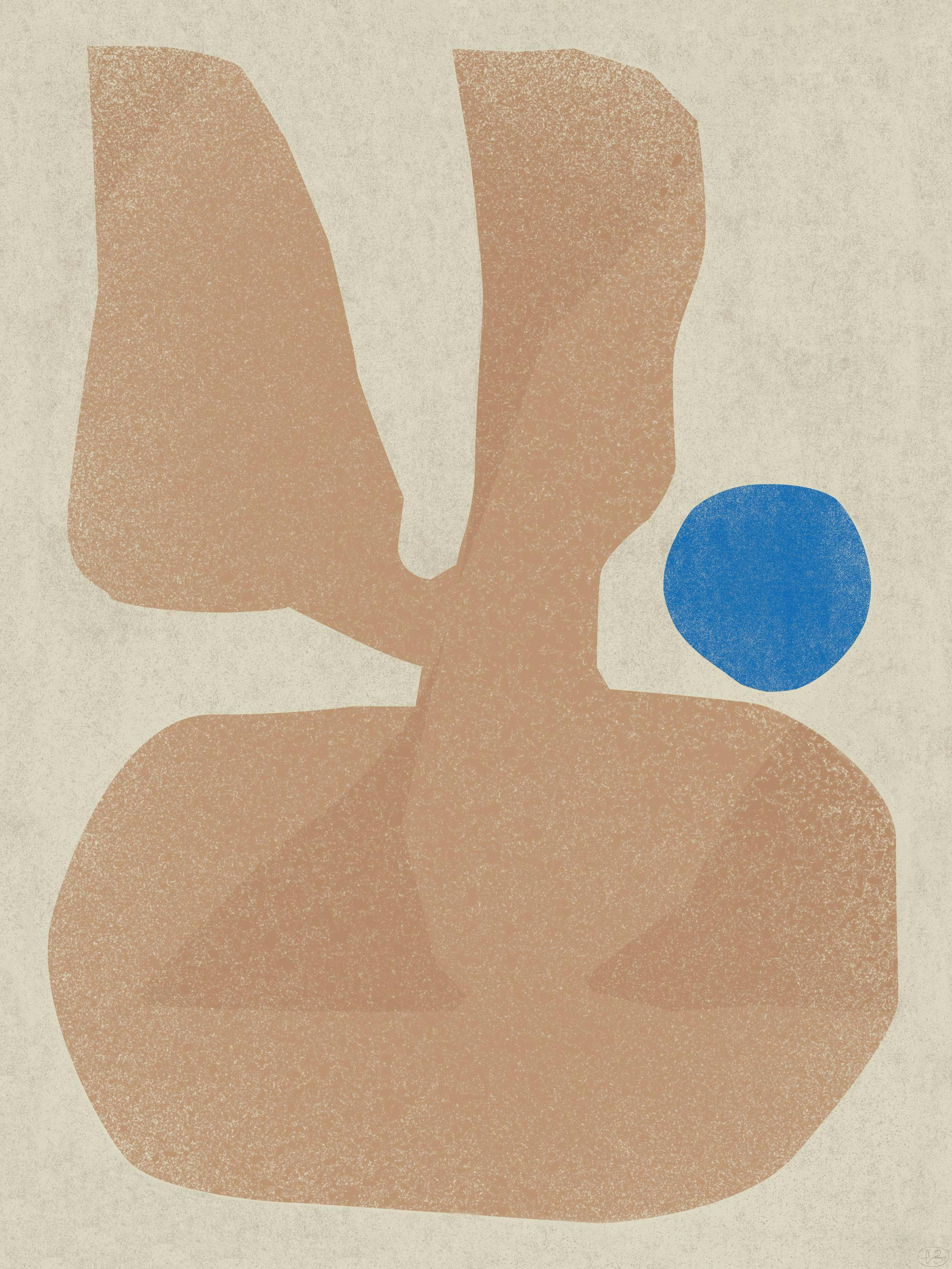 Abstrakt poster av Berenice Hernandez med beiga, organiska former och en blå cirkel på en ljus bakgrund, texturerad effekt.