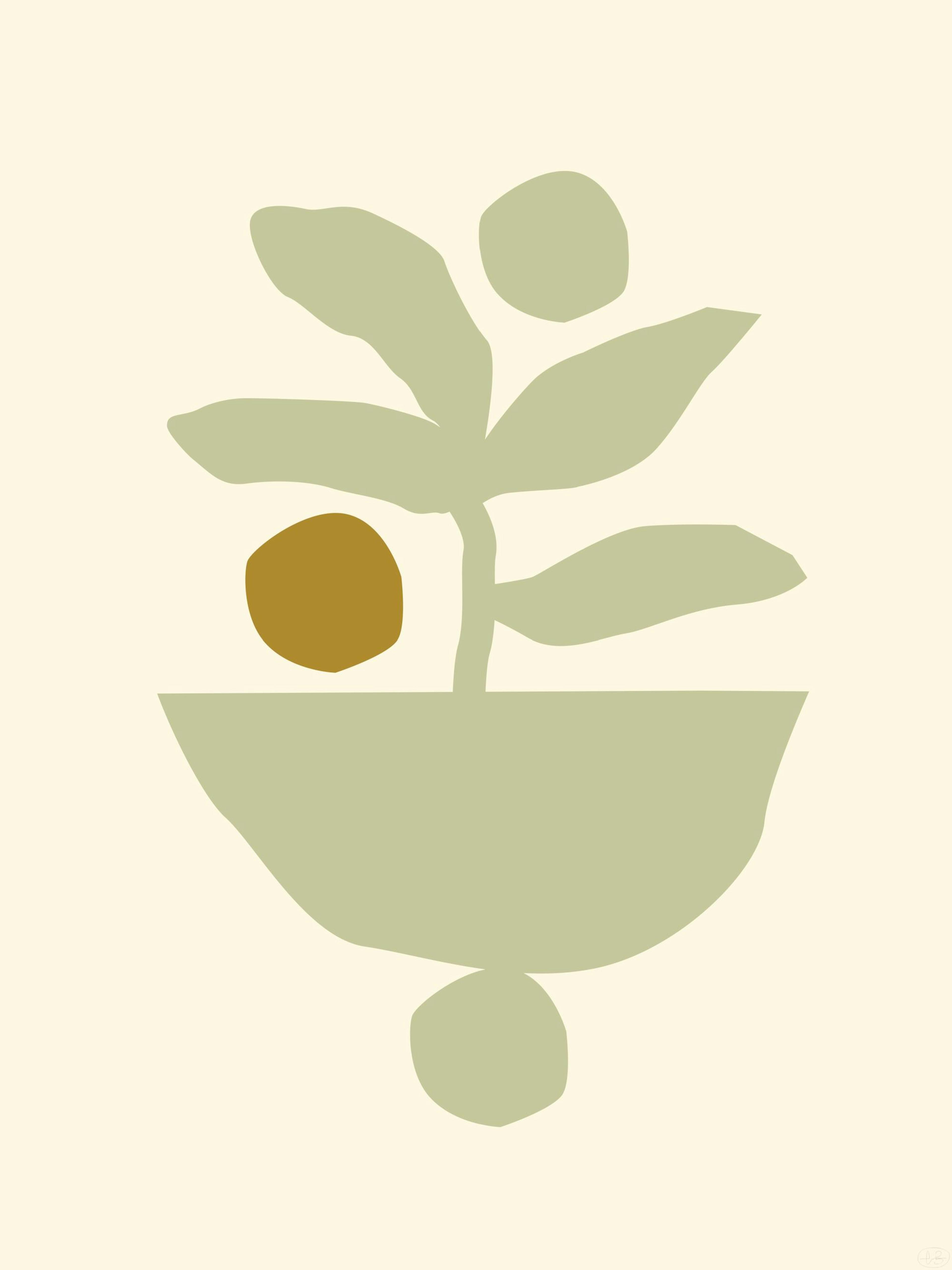 Berenice Hernandezs Maceta Beige Print: a botanical poster featuring a green plant in a pot against a beige background.
