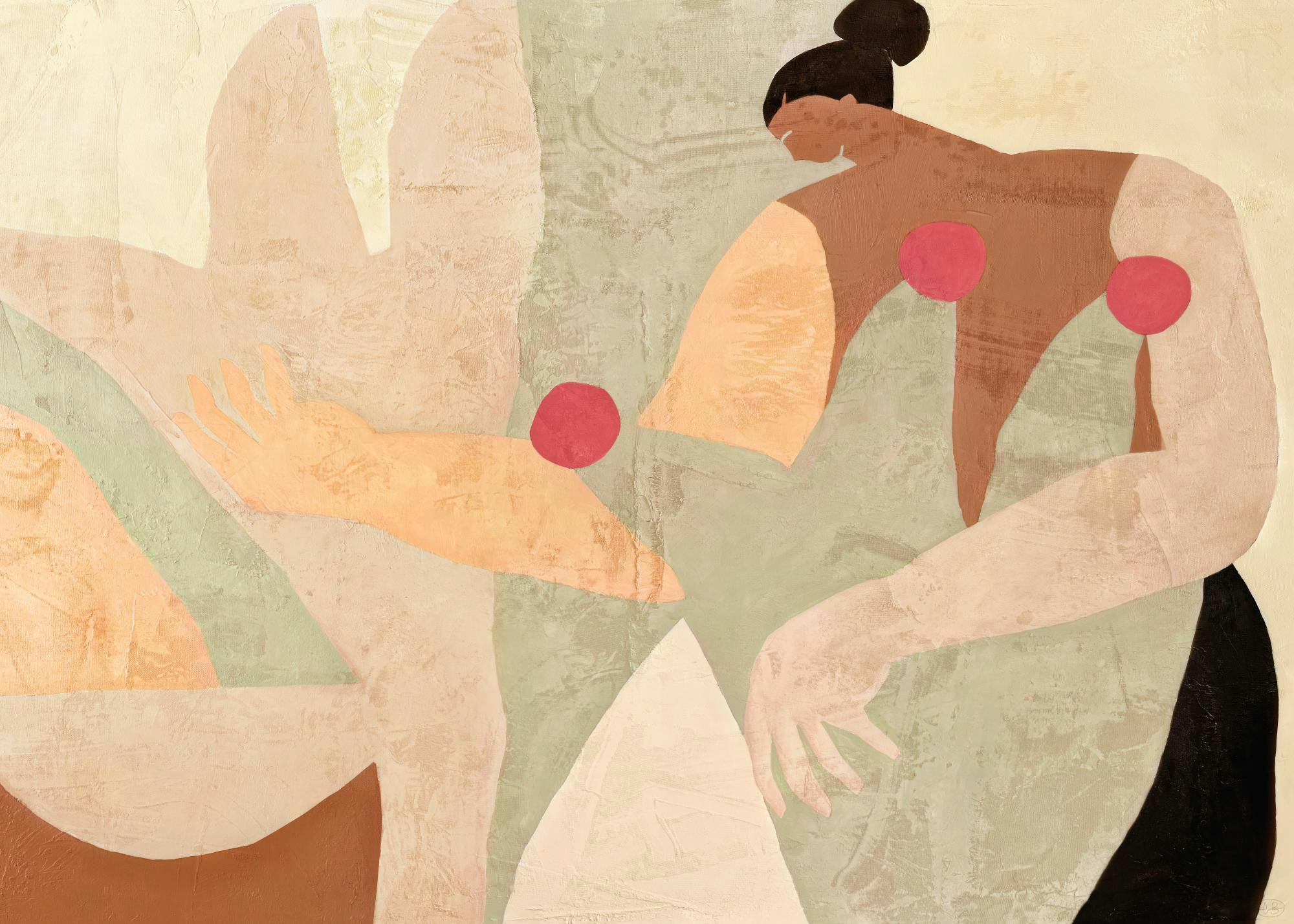 Textured painting by Berenice Hernandez of a woman with multi-colored hues and red accents, a lively poster.