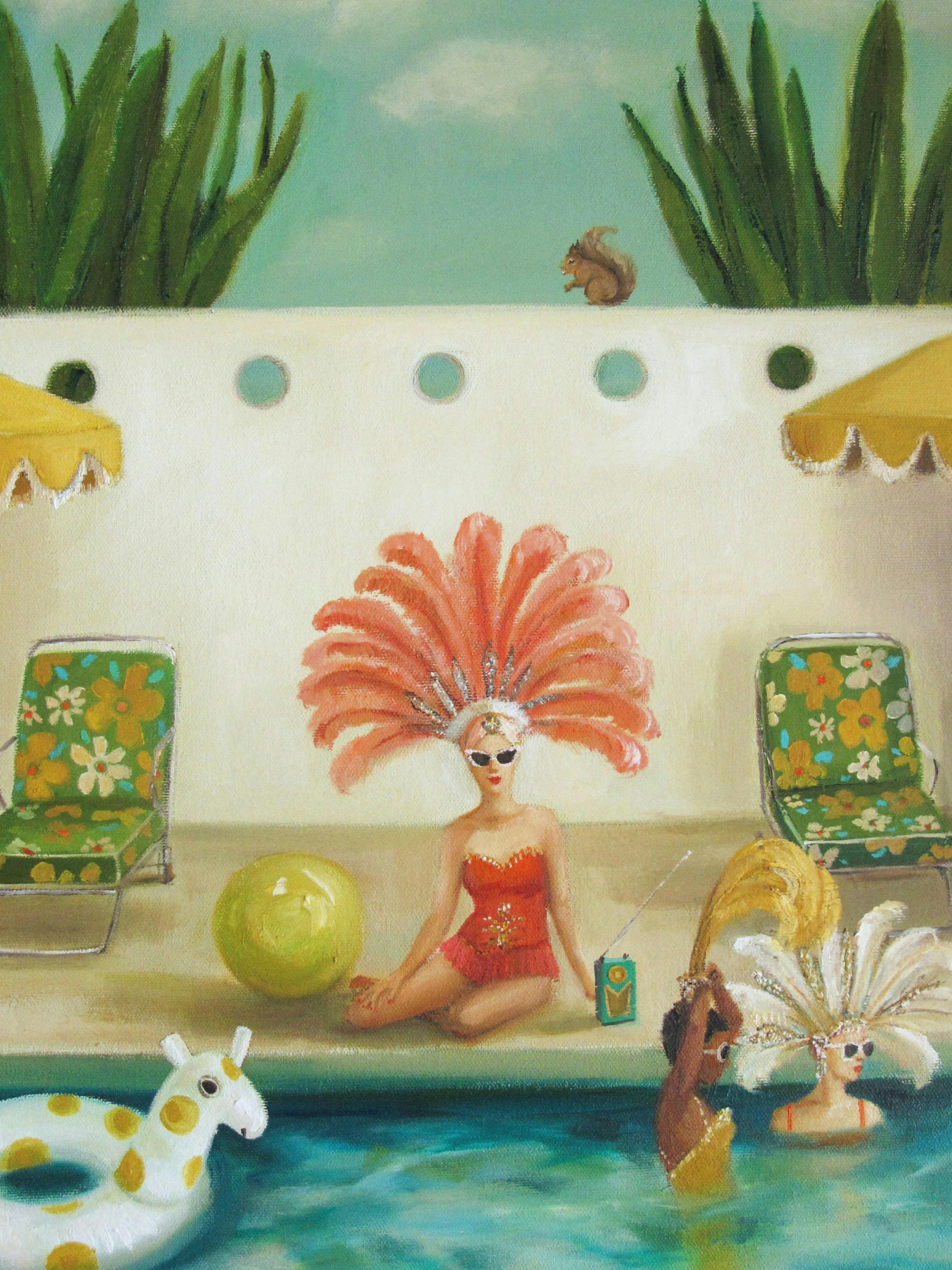 Janet Hill Poster: Frau im Federkopfschmuck am Pool, sitzend mit Radio, andere Frauen im Wasser, Eichhörnchen, Poolmöbel.