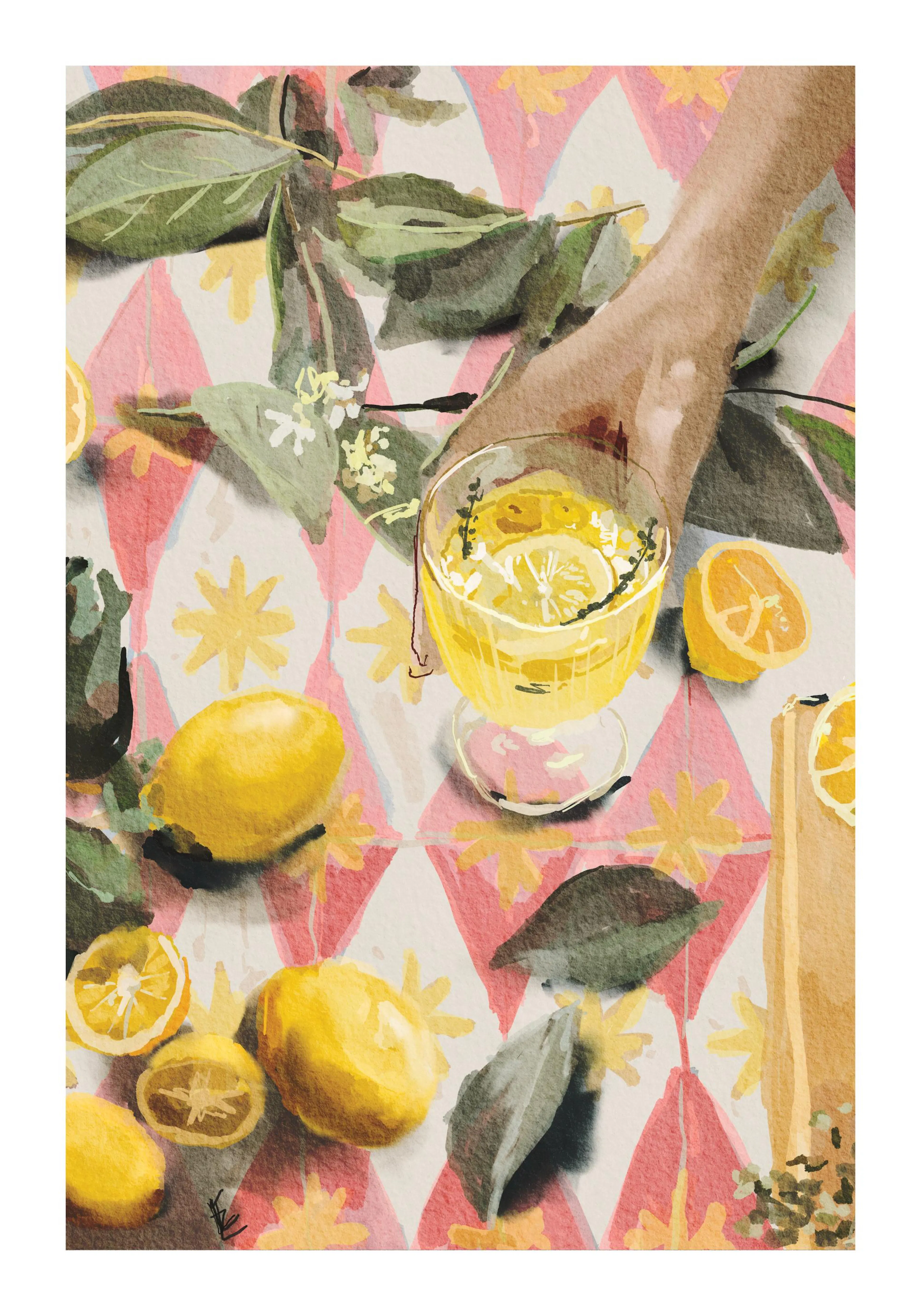 Ekaterina Zagorska watercolor print: hand holding lemonade with whole and sliced lemons, green leaves on patterned background.