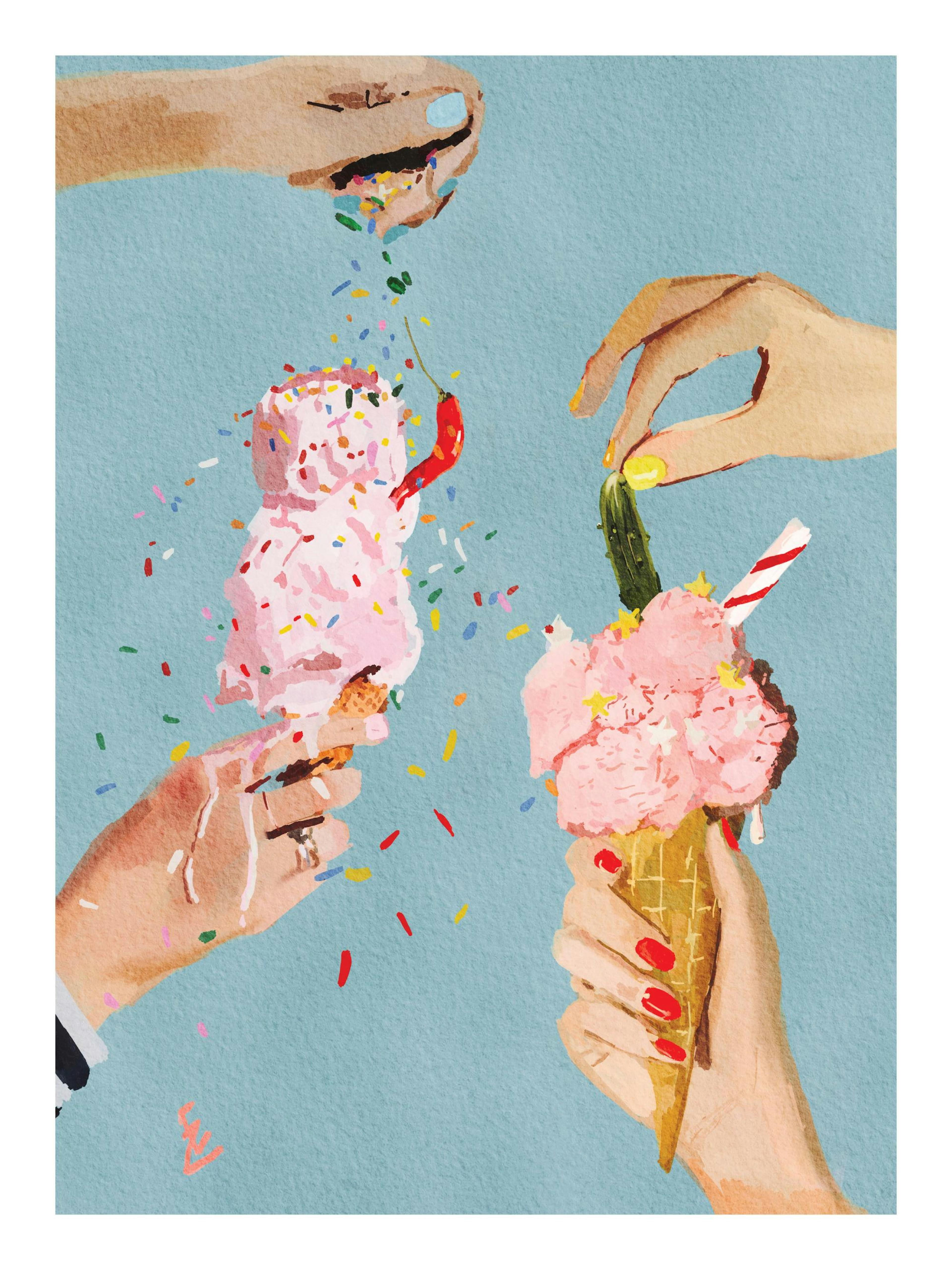 Watercolor art shows hands holding pink ice cream cones, one with a chili, another with a pickle, confetti sprinkles.