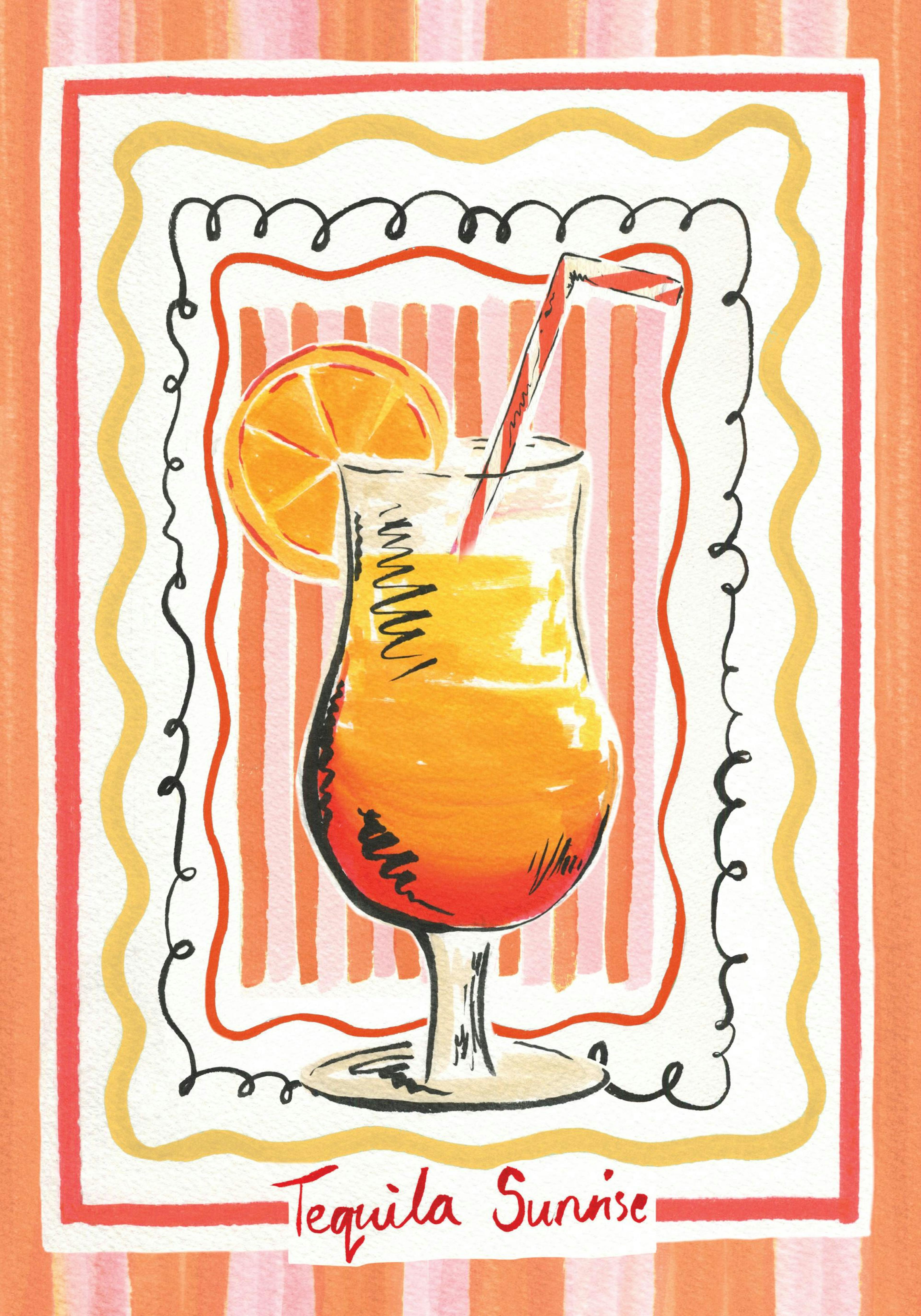 Poster cocktail Tequila Sunrise acquerello con fetta darancia, cannuccia rossa, sfondo a strisce arancioni.