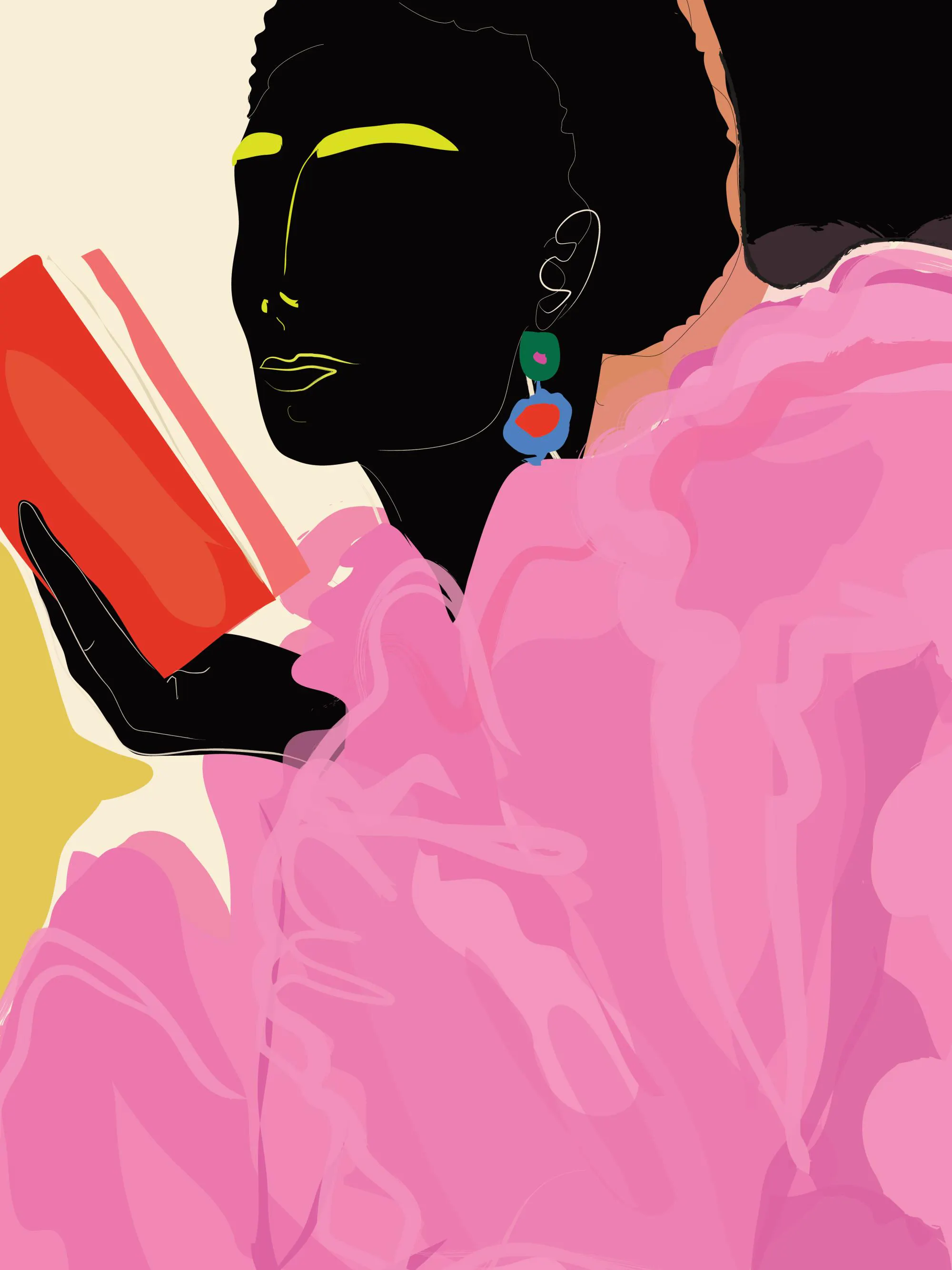 Ψηφιακή illustration αφίσα Rachel Joanis, γυναίκα που διαβάζει, με έντονα χρώματα μόδας.