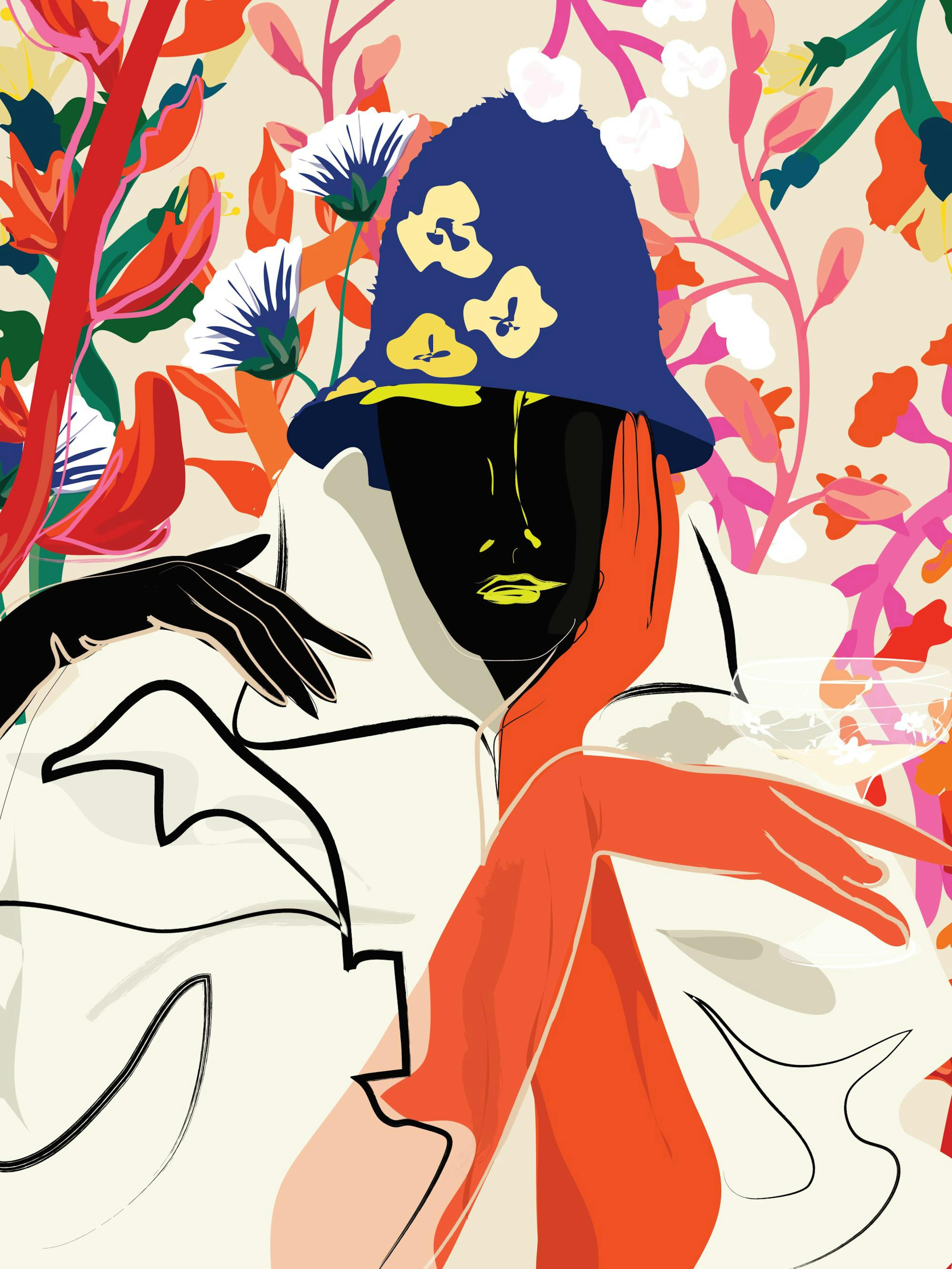 Affiche dune femme moderne audacieuse en gants rouges et chapeau bleu, avec un texte stylisé, sur fond floral coloré.