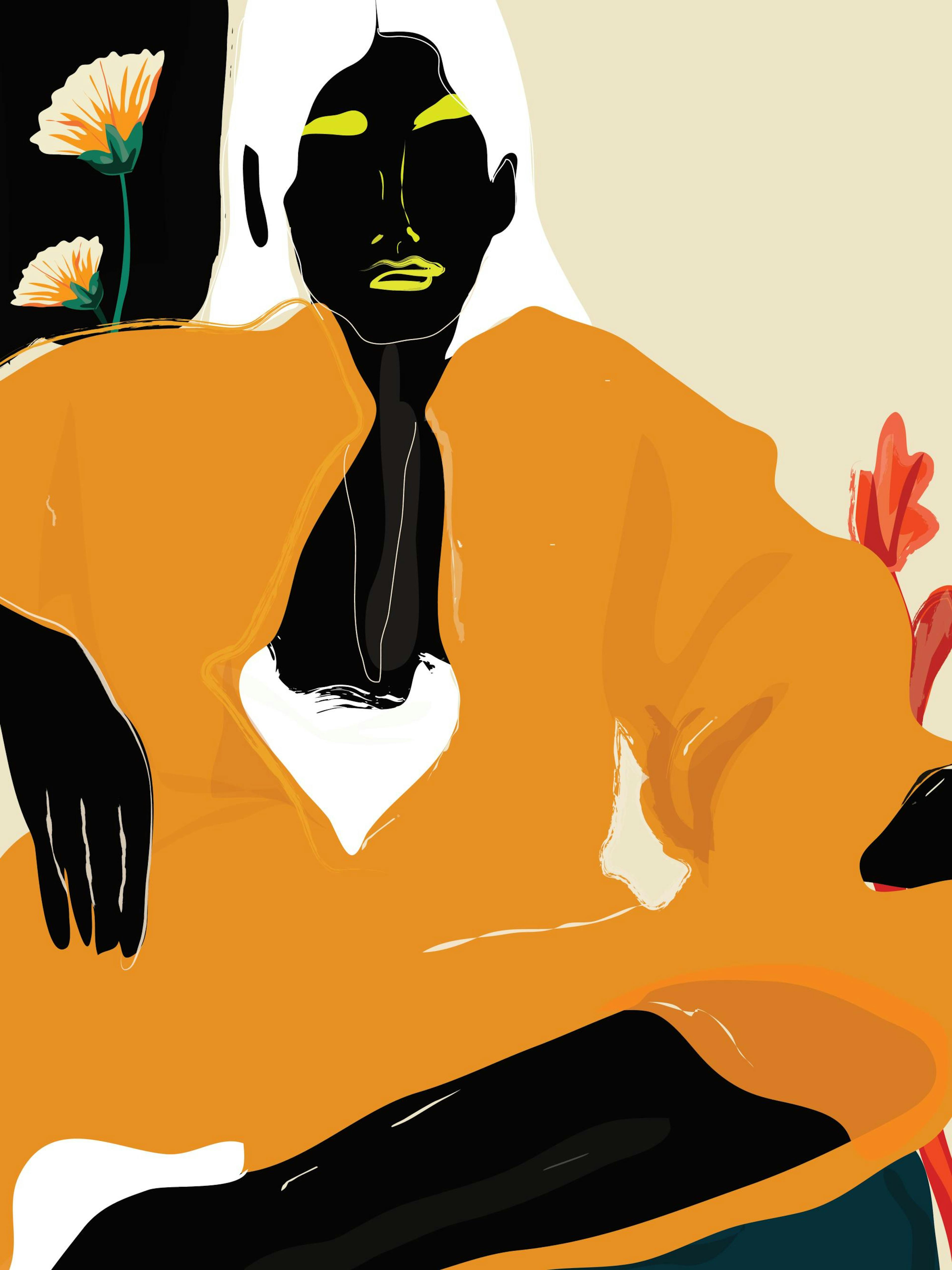 Póster Rachel Joanis: ilustração digital de mulher com casaco laranja, cabelo branco, lábios e olhos amarelos. Detalhes florais.