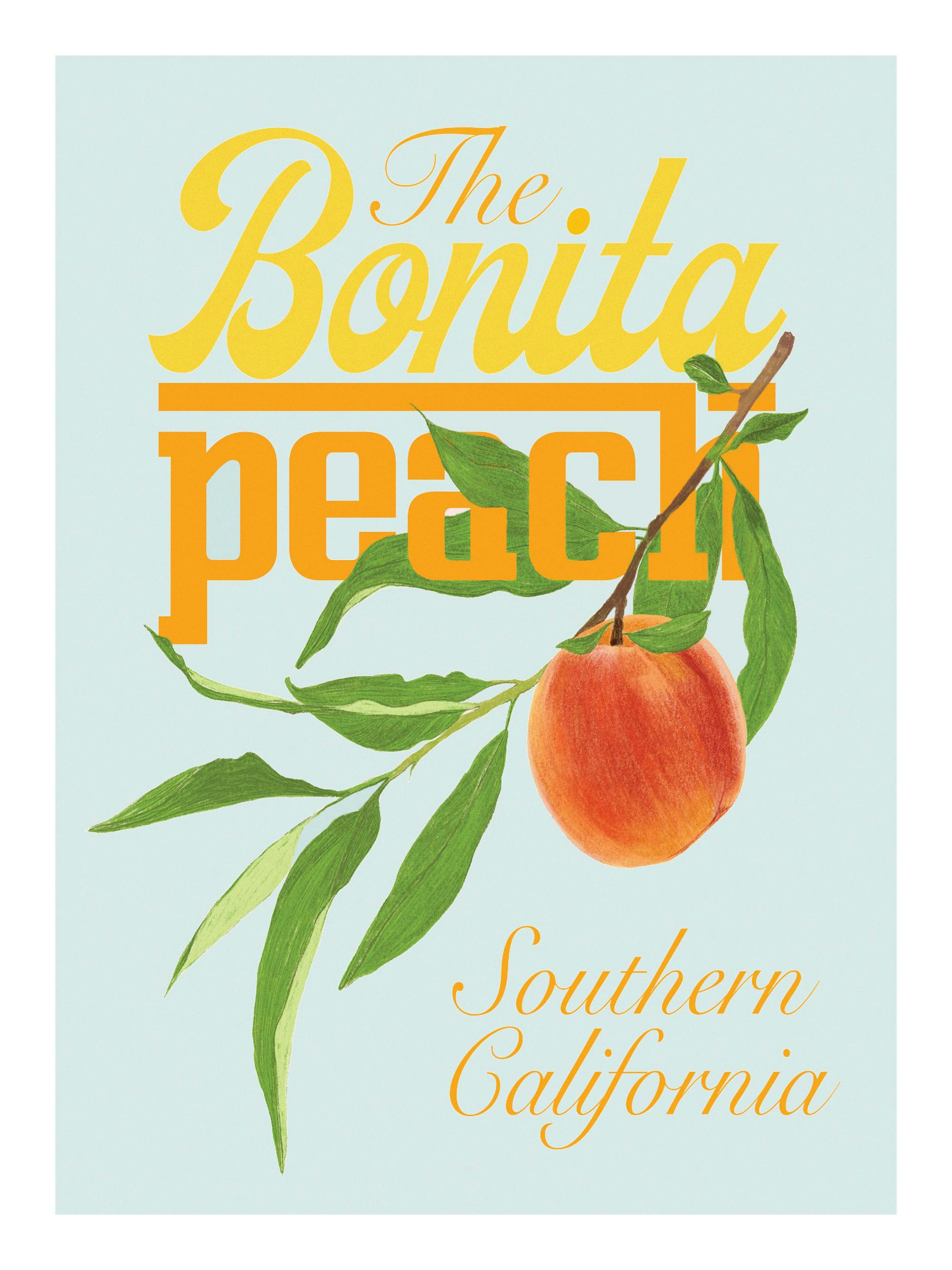 Een retro poster met perzik, bladeren en de tekst The Bonita peach / Southern California op een lichtblauwe achtergrond.