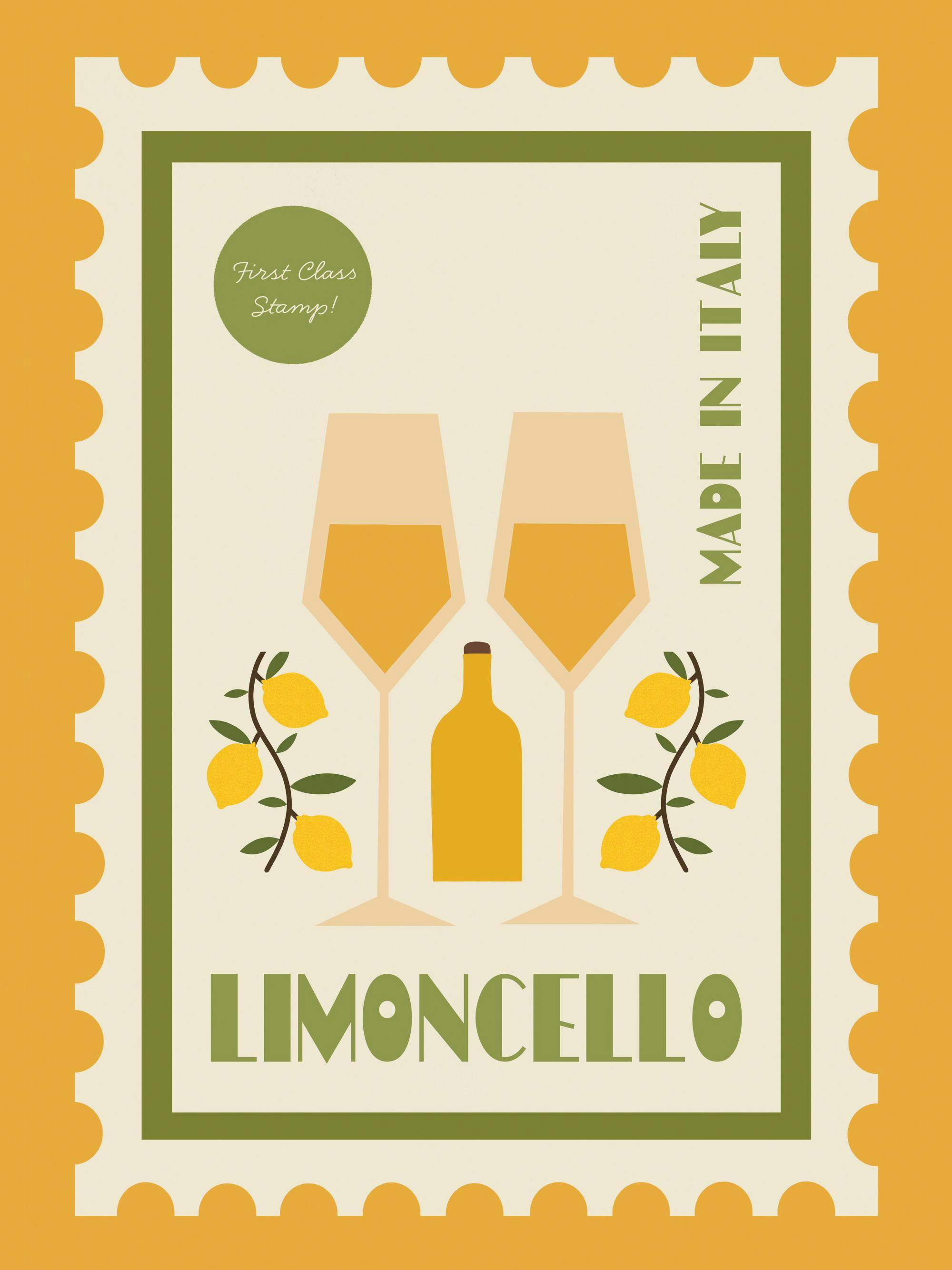 Limoncello-poster i frimärkesdesign. Två vinglas, en flaska och citronkvistar med texten Limoncello.