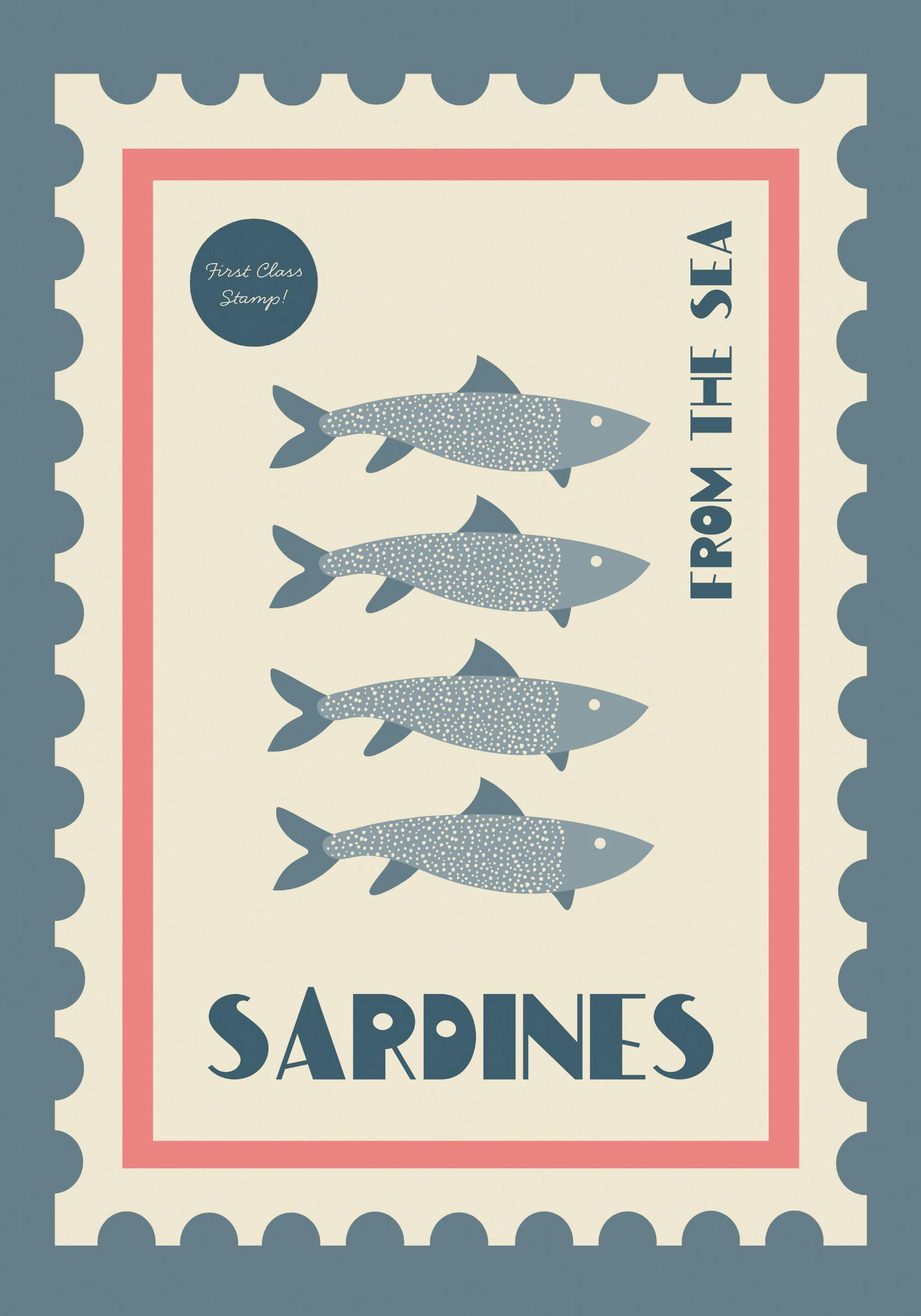 Poster mit vier blauen Sardinen im Briefmarken-Design, Schriftzug Sardines from the Sea“, Retro-Stil.