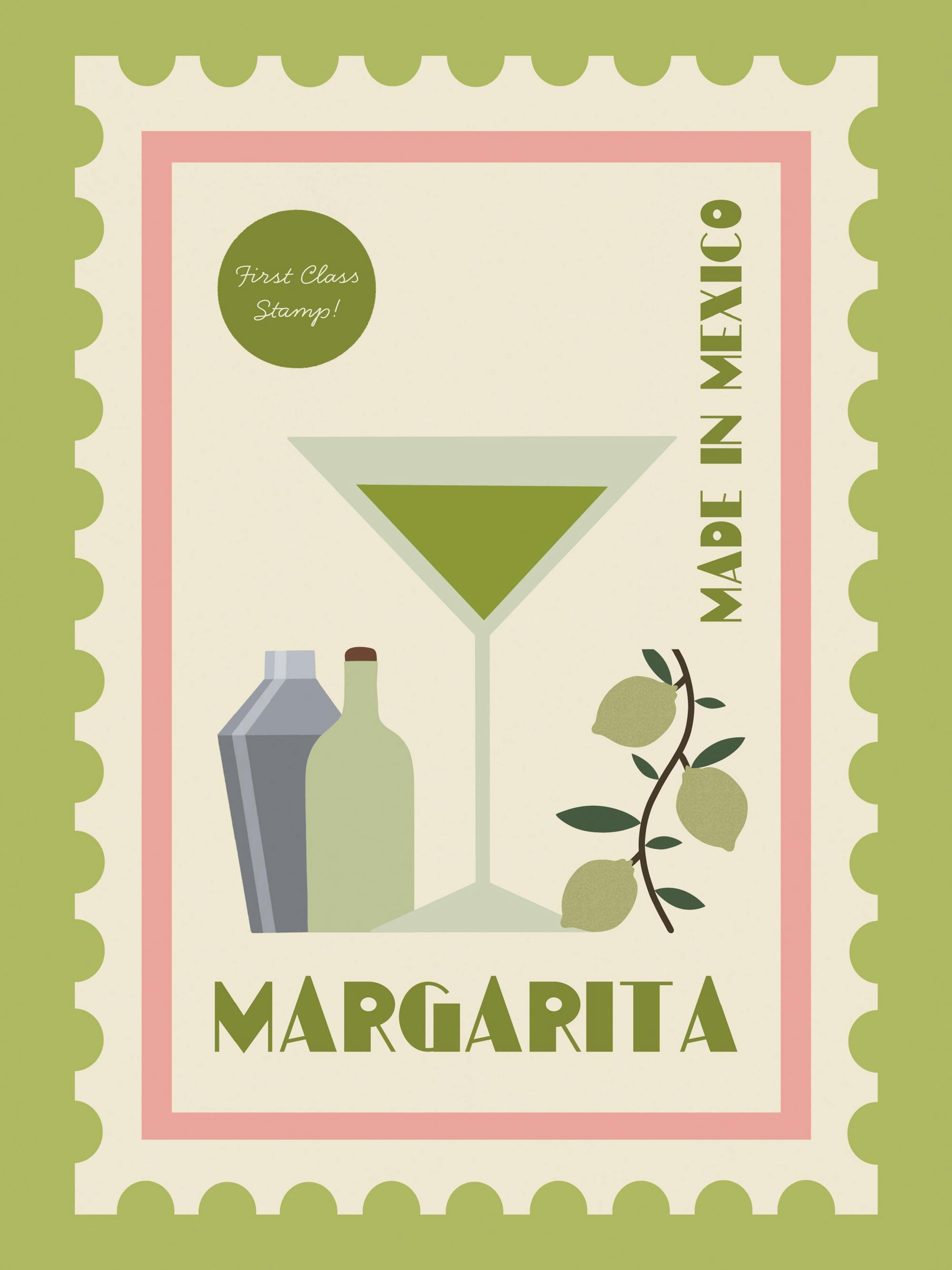 Retro Margarita postage stamp art print, with cocktail glass, shaker, bottle, and limes.