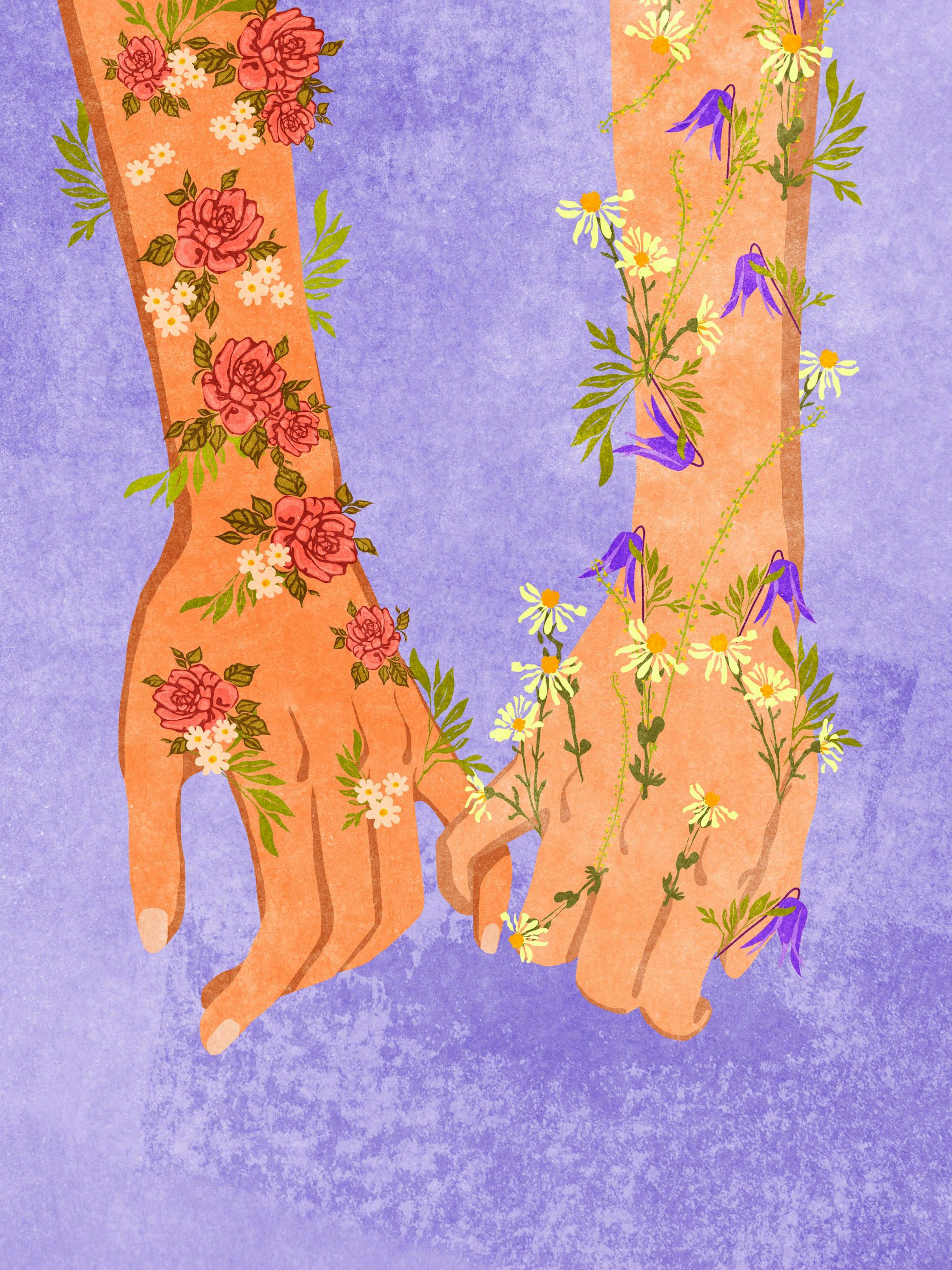 Geïllustreerde handen die pinky promise maken, versierd met bloemen en planten, op een paarse achtergrond.