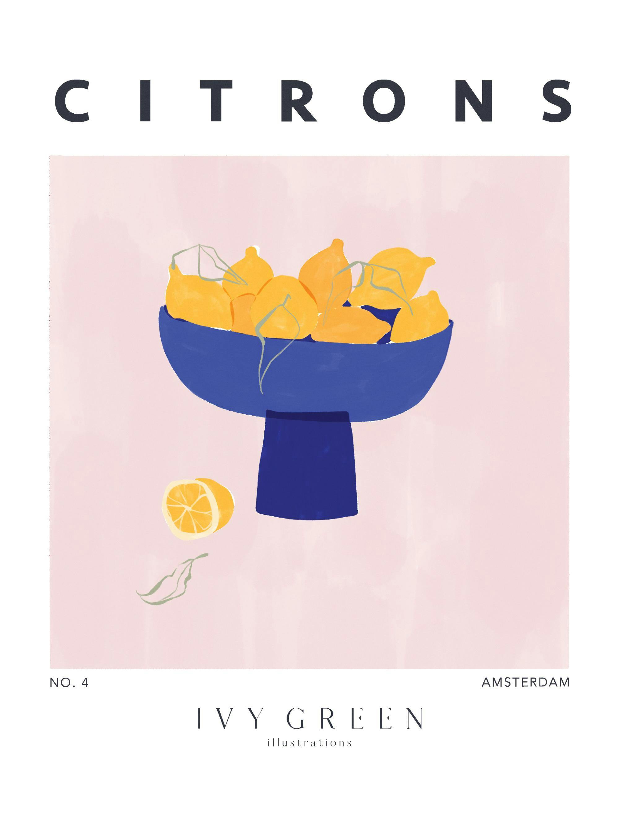 Poster med illustration av citroner i en blå skål, med kornig textur och en delad citron på sidan.