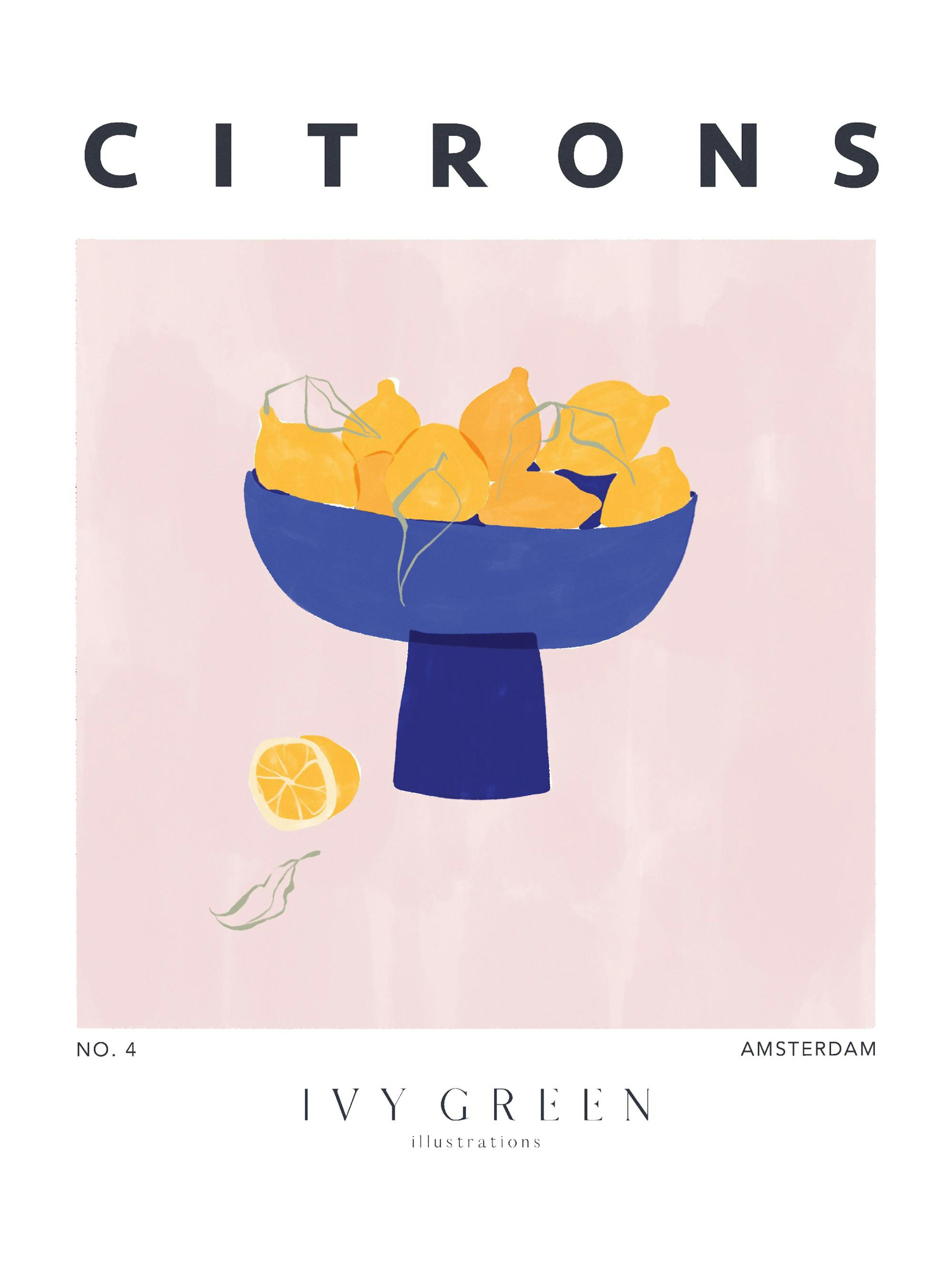 Poster von Zitronen in einer blauen Schale mit körnigem Effekt, von Ivy Green