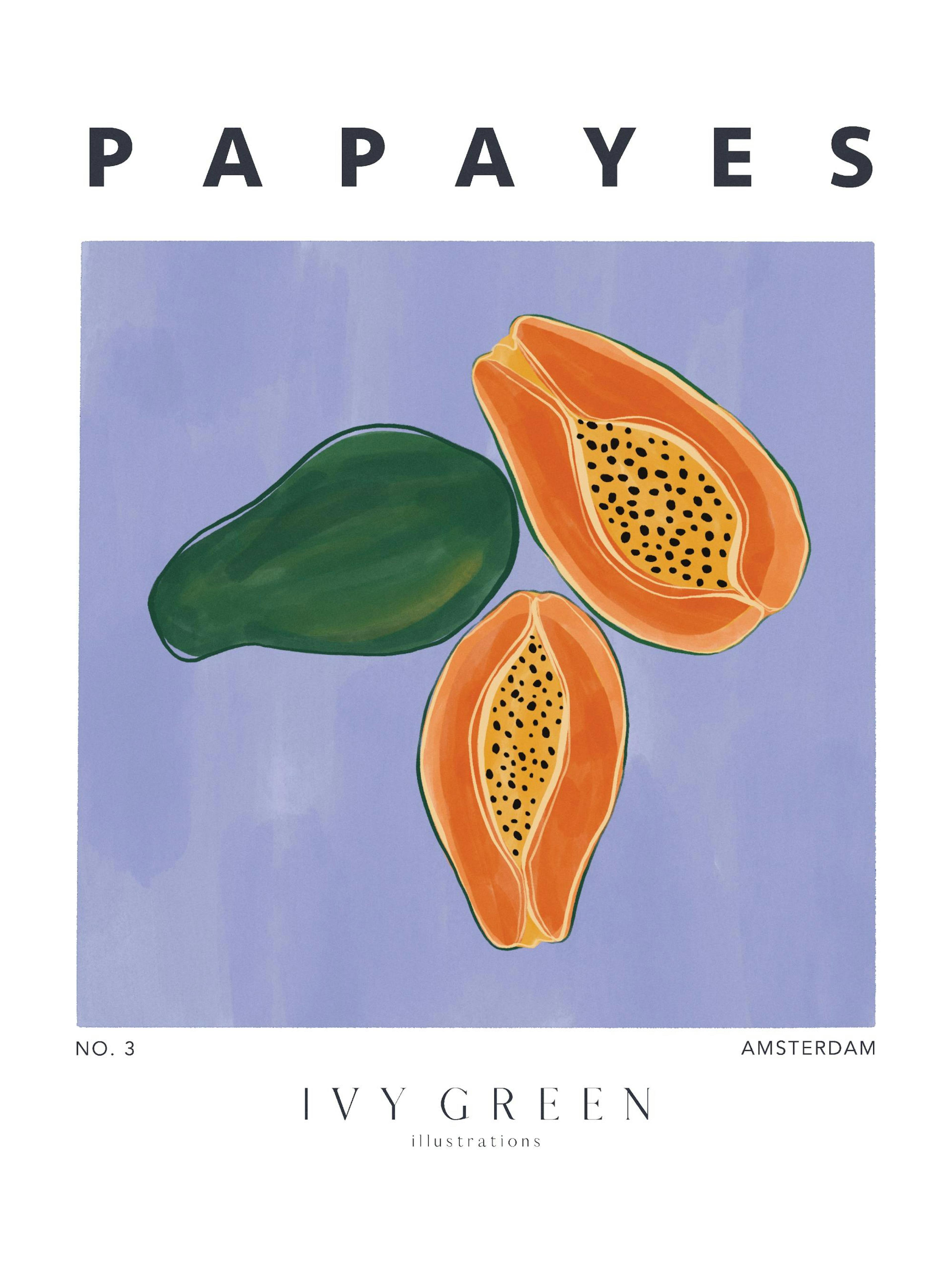 Papayes plakat av Ivy Green. Ett helt og to halverte papayafrukter på lilla bakgrunn med kornet effekt.