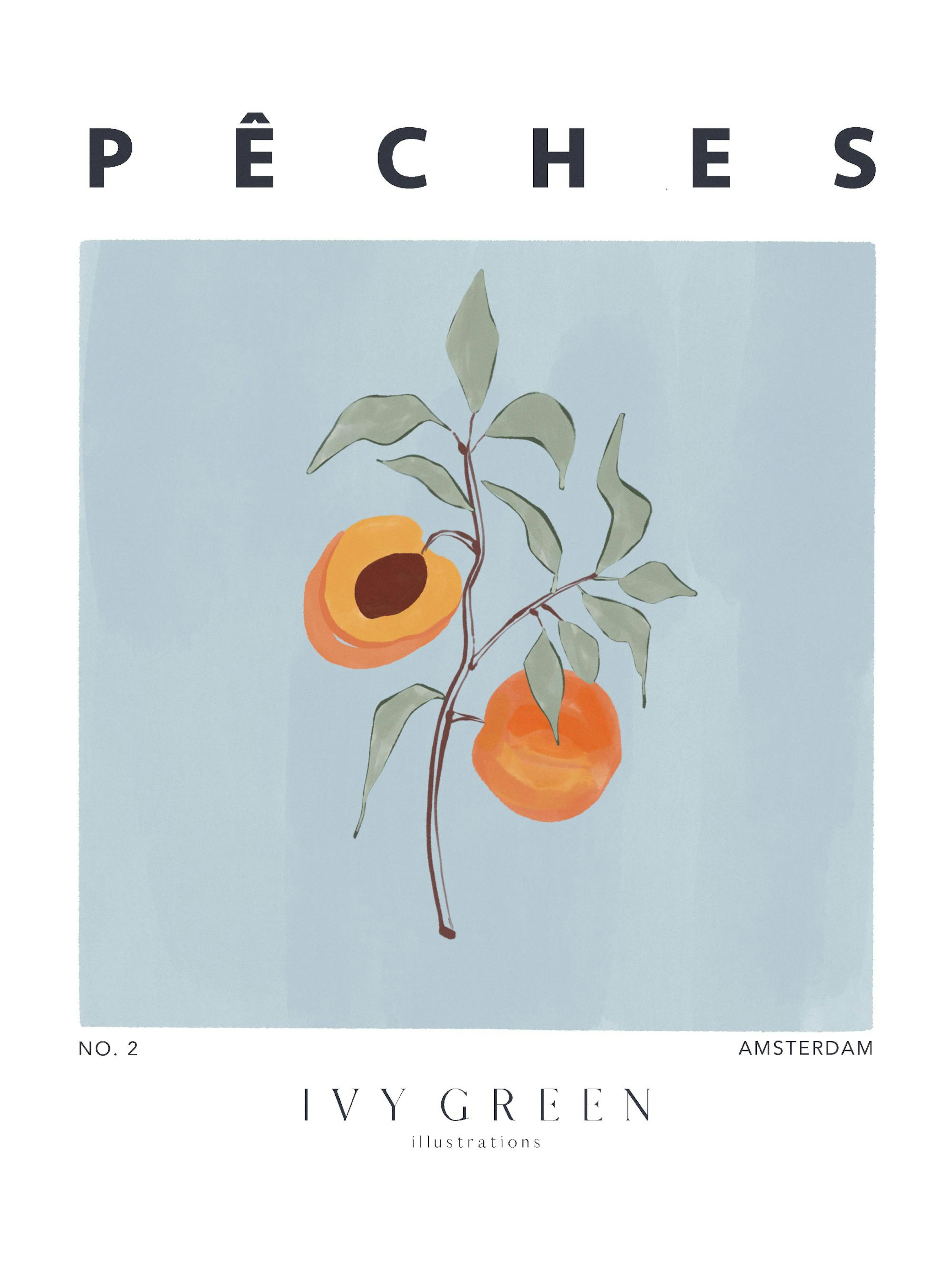 Elfenbein-grünes Pfirsich-Poster auf hellblauem Hintergrund, illustrierte Pfirsiche mit Blättern auf Ast, körniger Effekt.