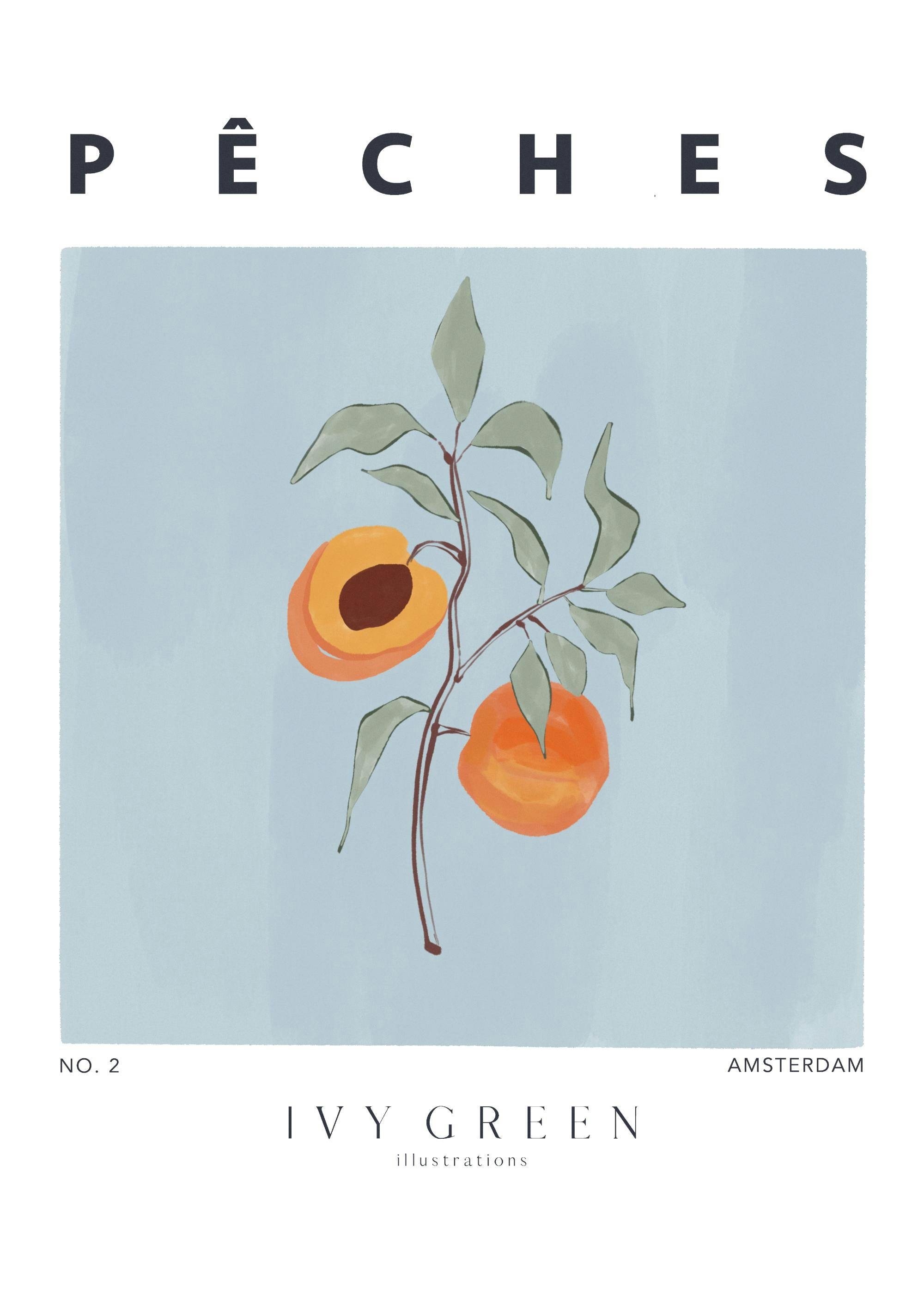 Ivy Green Peaches print, a pastel blue background with a branch holding two peaches with a grainy effect.