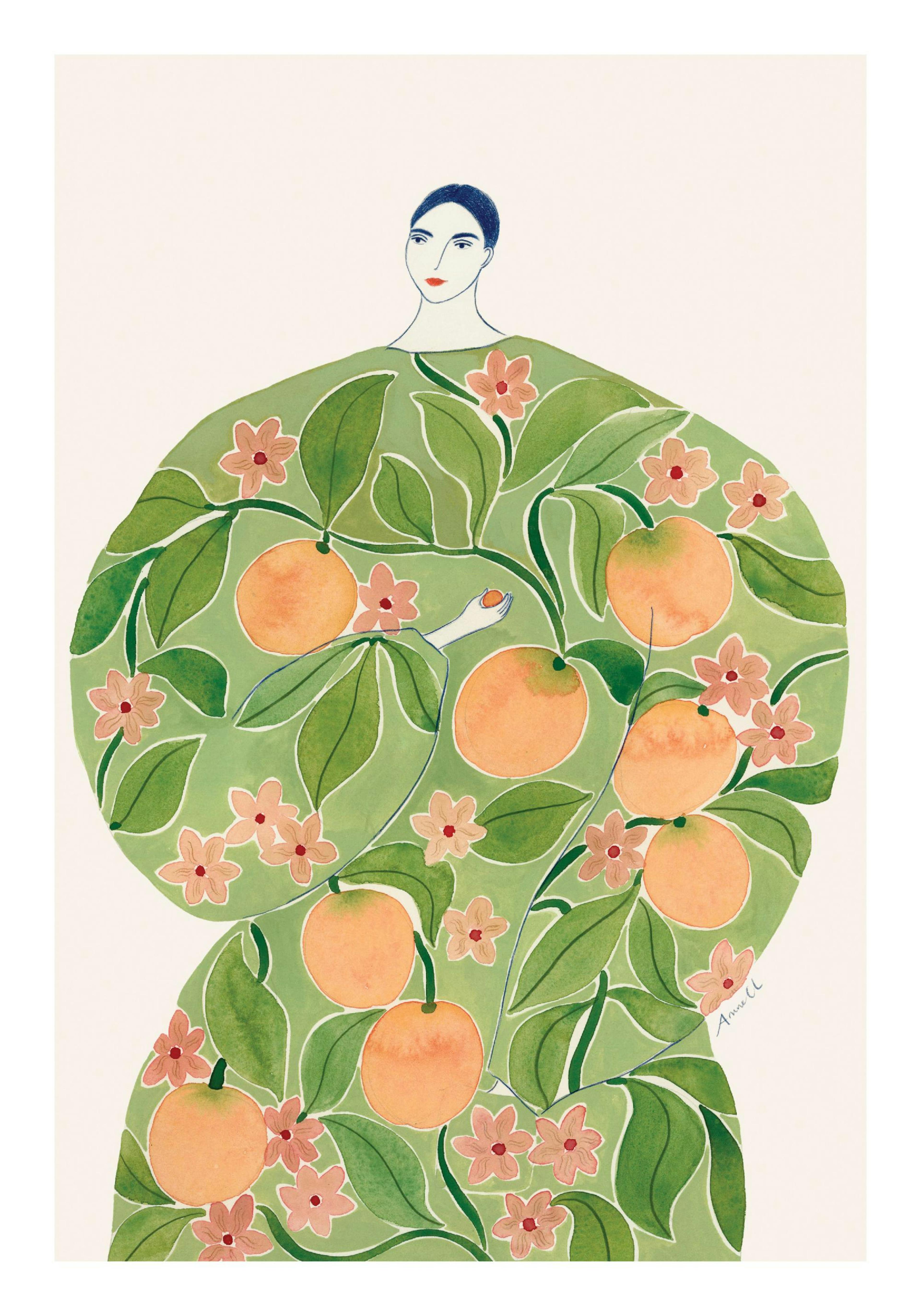 Aquarell-Poster: Frau im grünen Mantel mit Aprikosen und rosa Blüten, modernes Design, Obstmotiv.