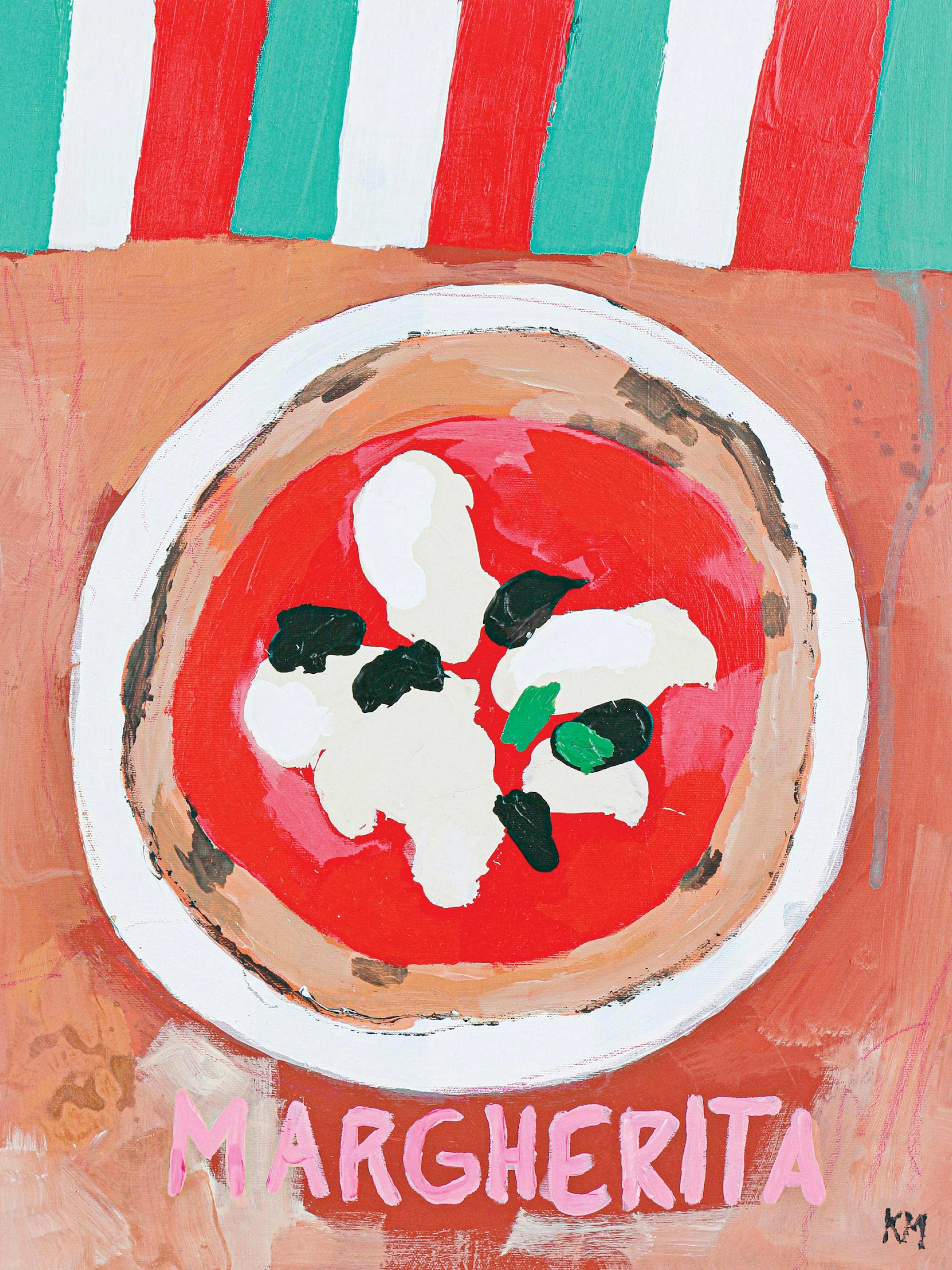 Poster met illustratie van een pizza Margherita in Italiaanse kleuren, perfect voor keuken of eetkamer.